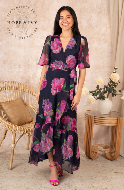 Women's Hope & Ivy The Ashia Maxi Wrap Navy Floral Dress - OD's Designer Clothing