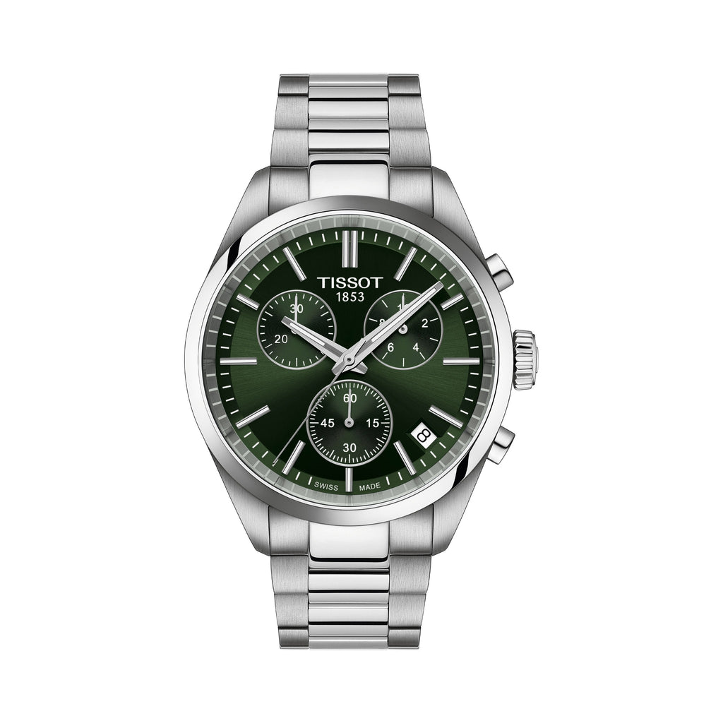 Close-up showcasing the Tissot PR100 chronograph watch with a green dial and stainless steel band. Features Tissot 1853