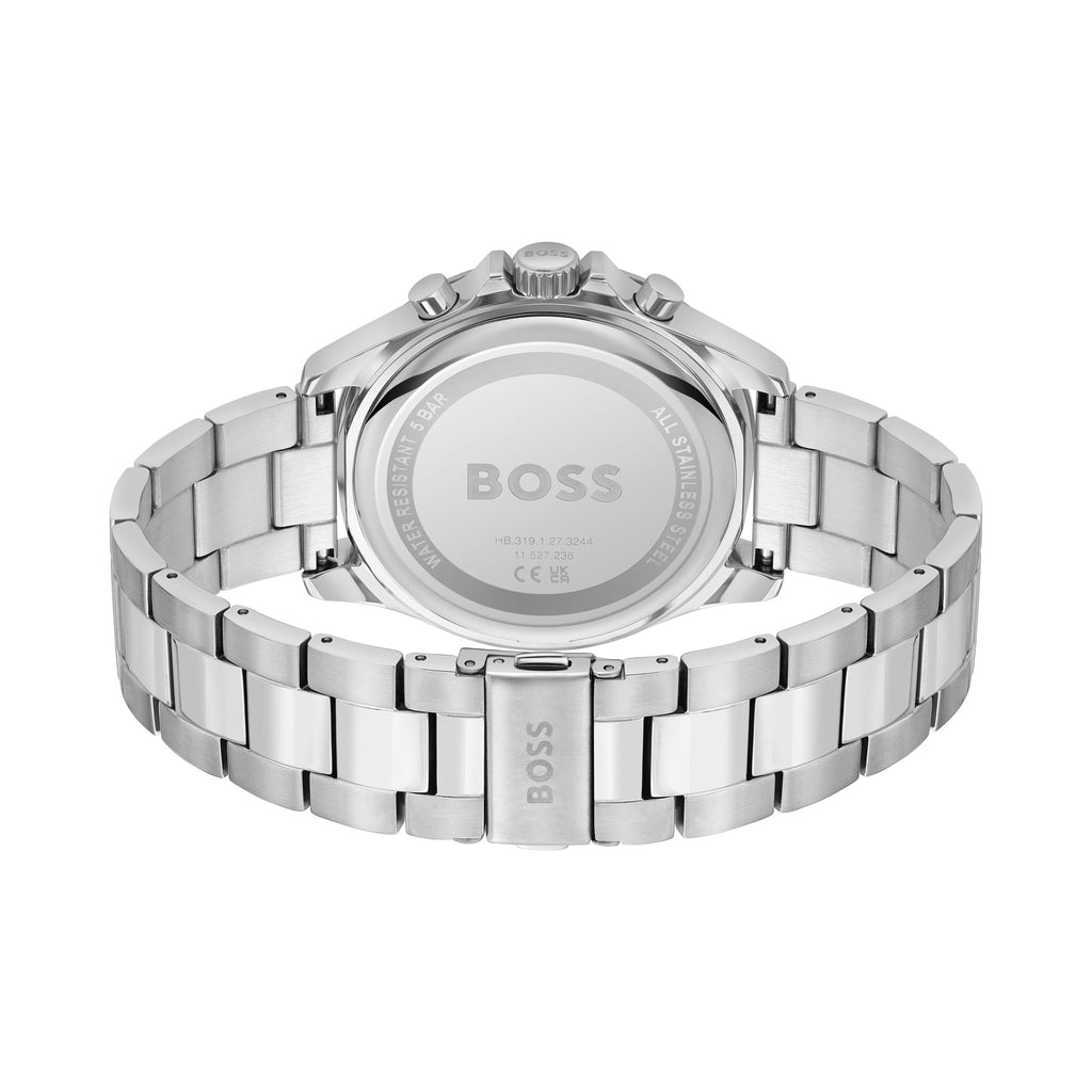 Back view of the BOSS Troper watch. Shows stainless steel band, caseback, "Water Resistant 5 BAR" & model number.