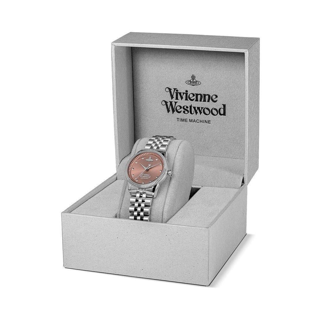 Silver Vivienne Westwood watch in a grey box.