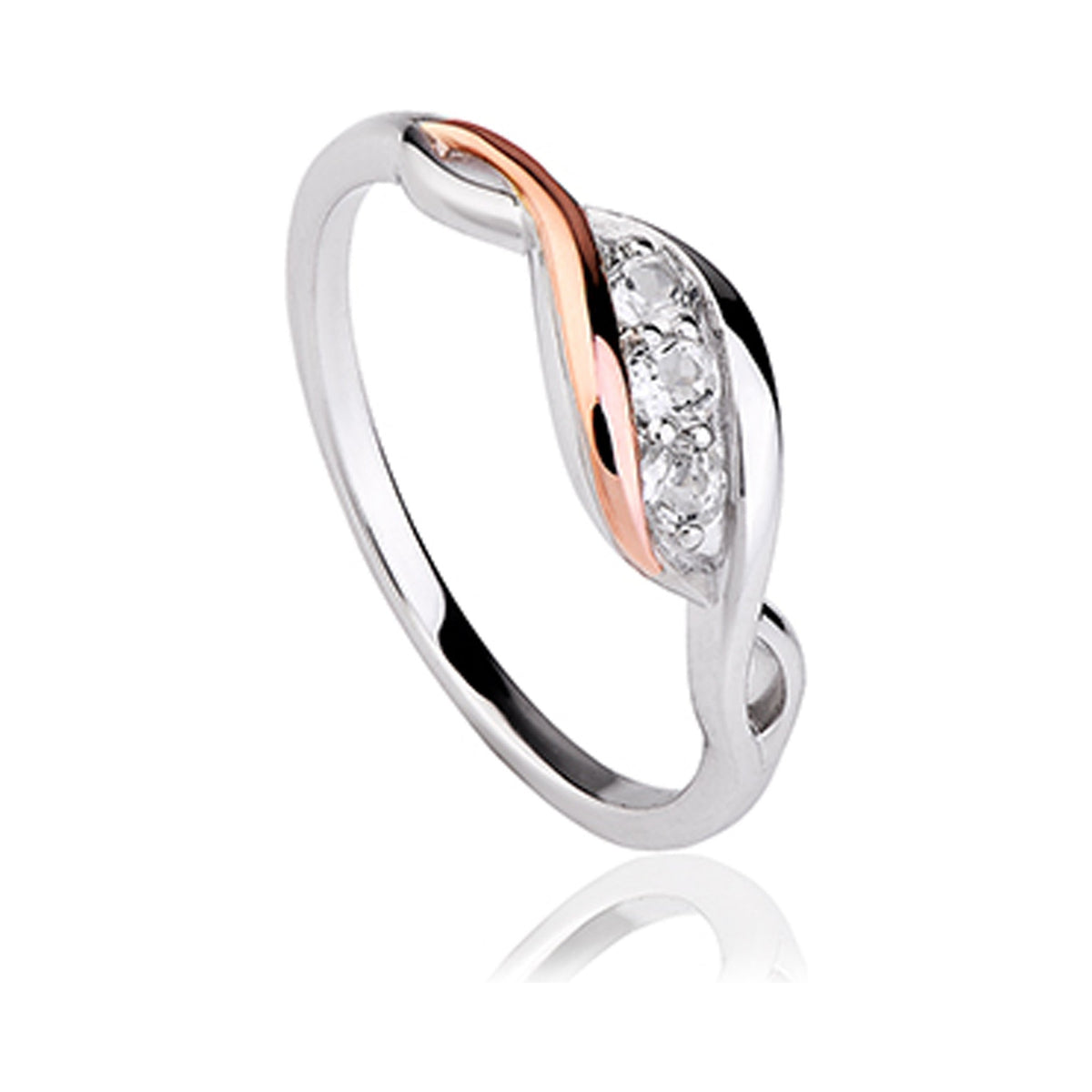 Clogau Past Present Future ring showcasing a sterling silver band with rose gold accents and white topaz stones.