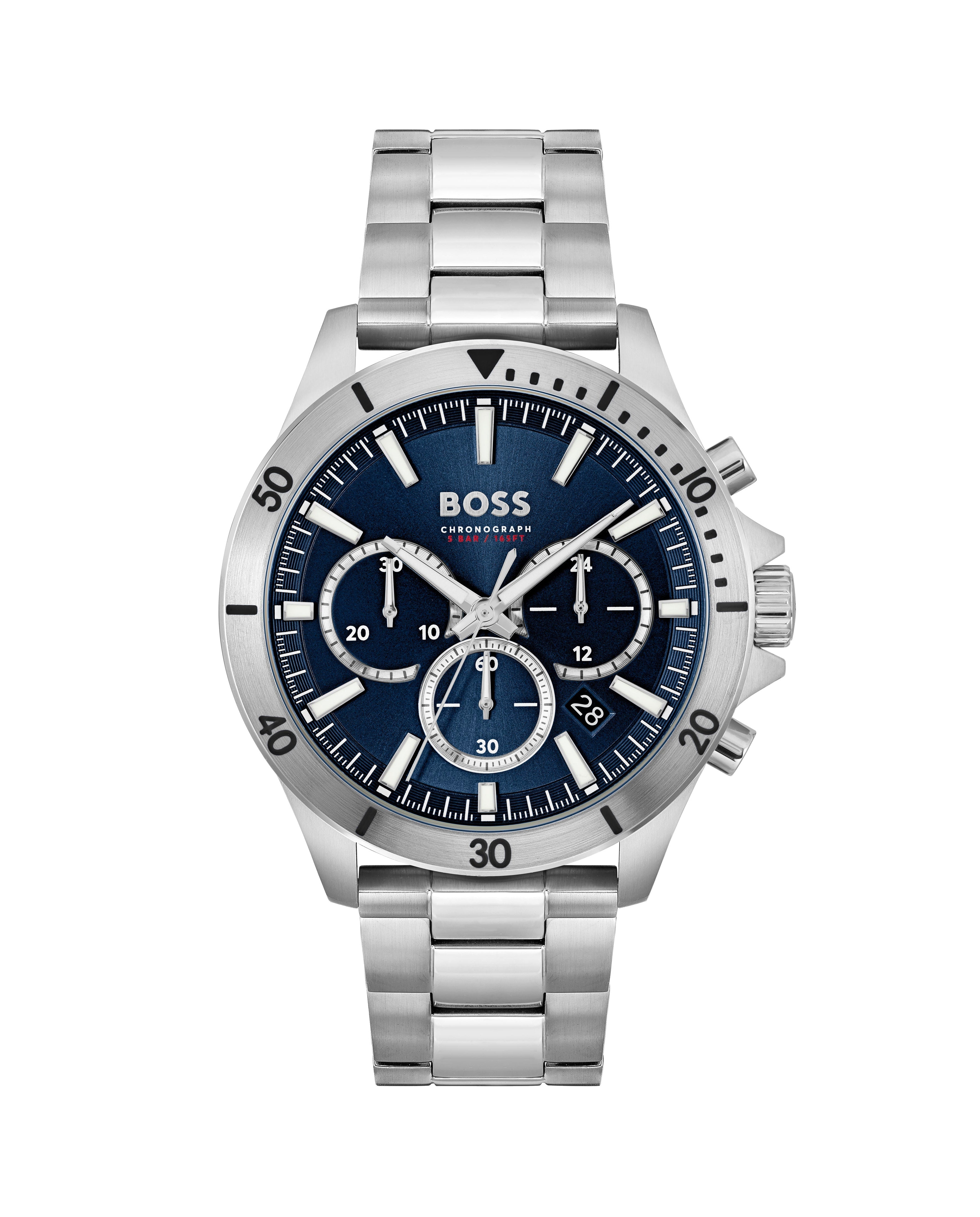 Close-up of the BOSS Troper Chronograph watch showcasing its blue dial, stainless steel bracelet, and chronograph features.