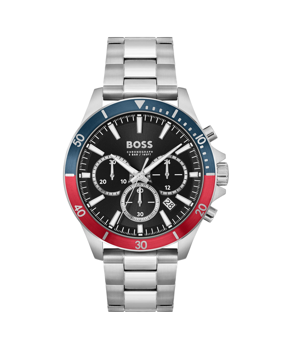 Close-up of BOSS Troper chronograph watch showcasing black dial, stainless steel band, & red/blue bezel.