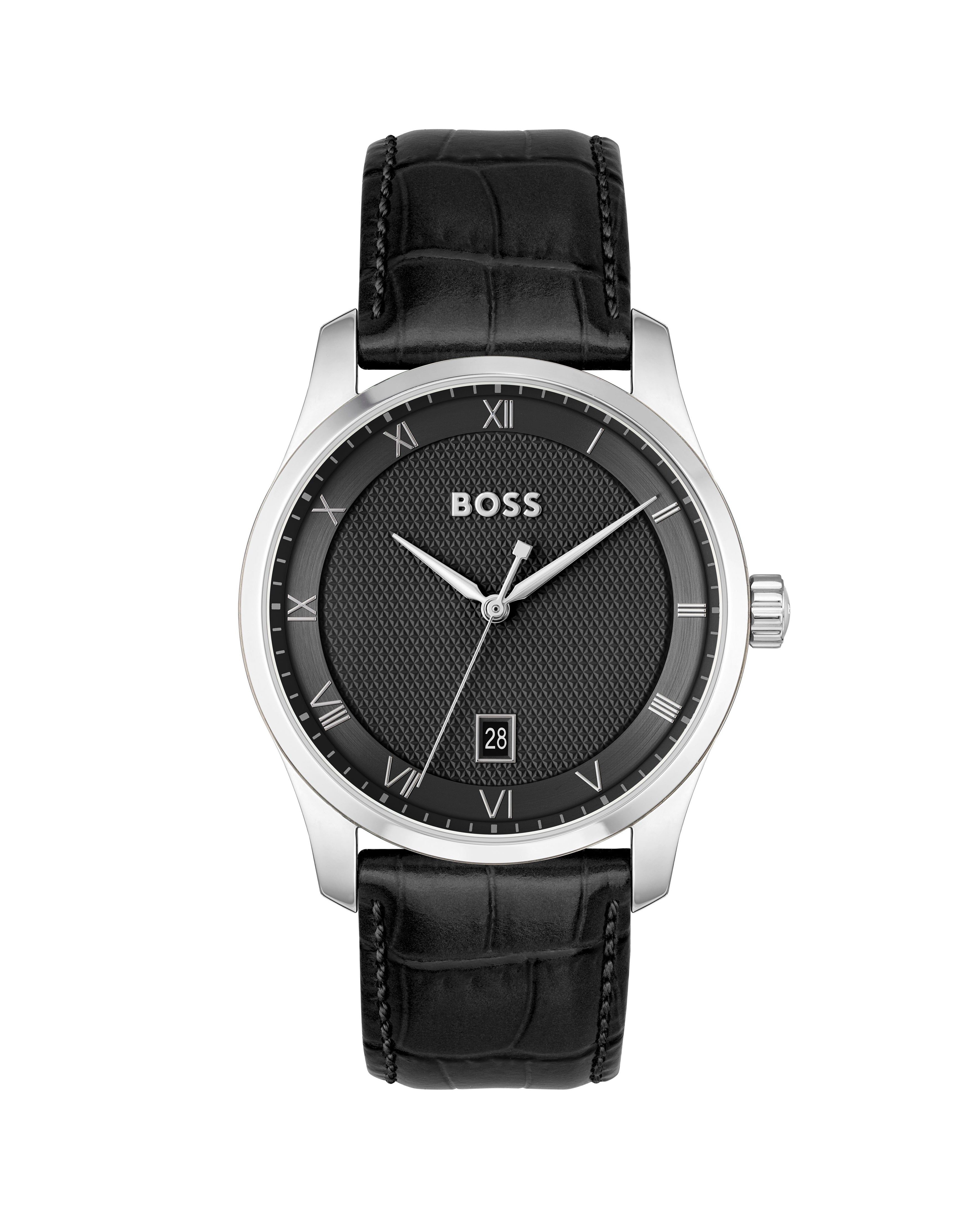 Close-up of the BOSS Mens Principle watch featuring a black textured dial, date display, Roman numerals, & leather strap.
