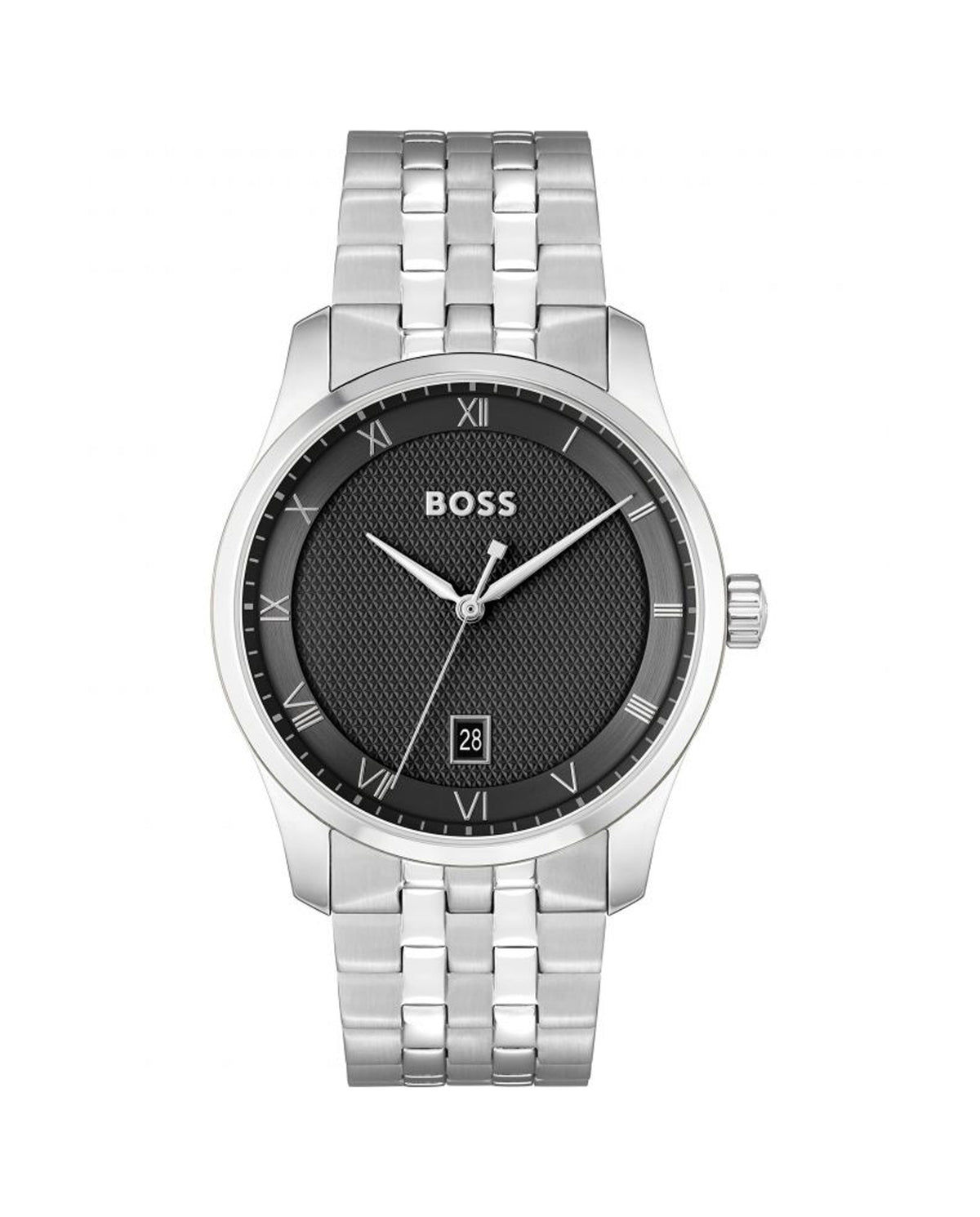 Boss watch showcasing its black textured dial, stainless steel bracelet, and date display. Modern luxury timepiece.