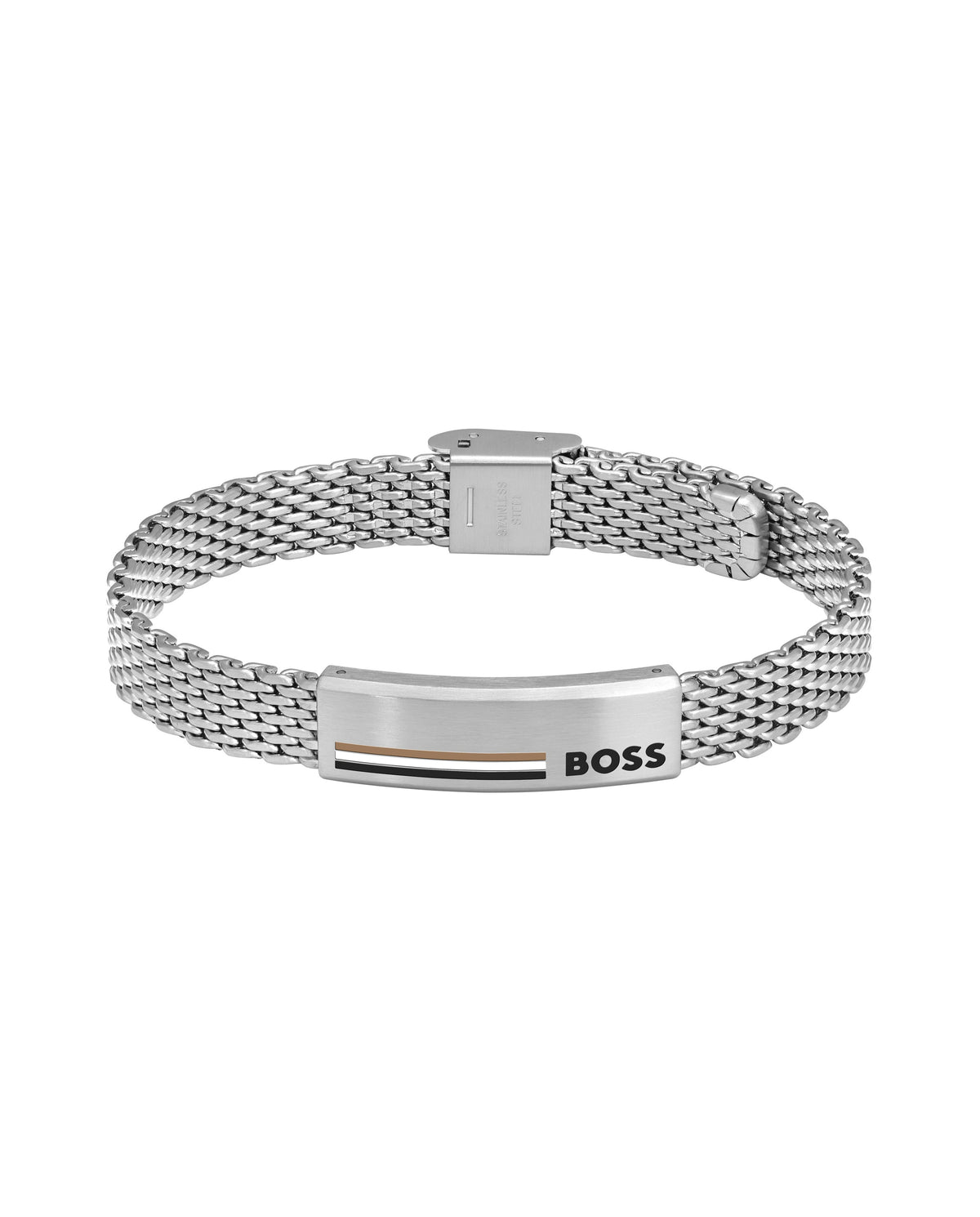 BOSS Alen bracelet: Stainless steel mesh band with signature logo detail; brushed finish. Stylish men's jewelry.