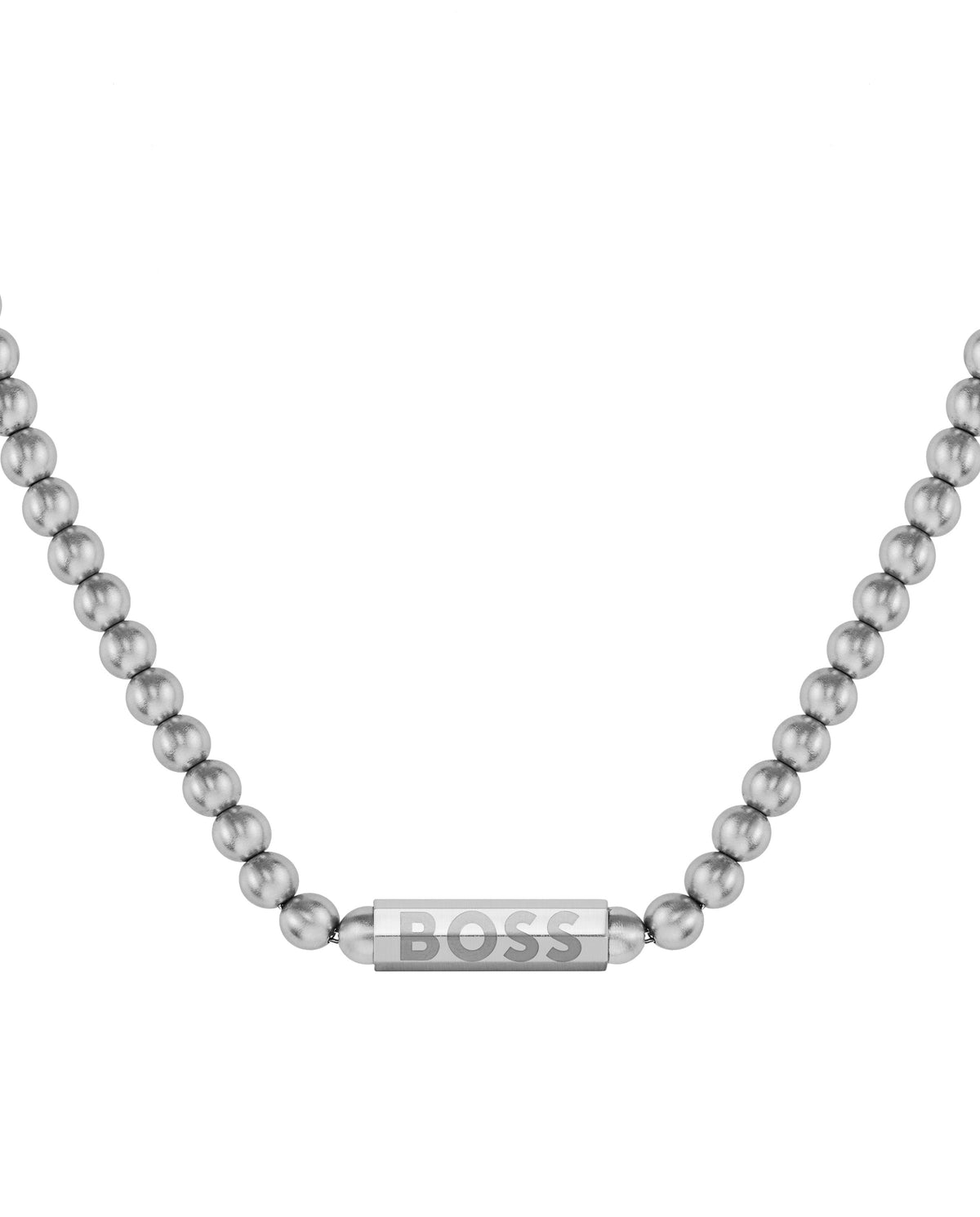BOSS men's stainless steel bead necklace featuring a BOSS logo-engraved bar pendant, showcasing elegant jewelry.