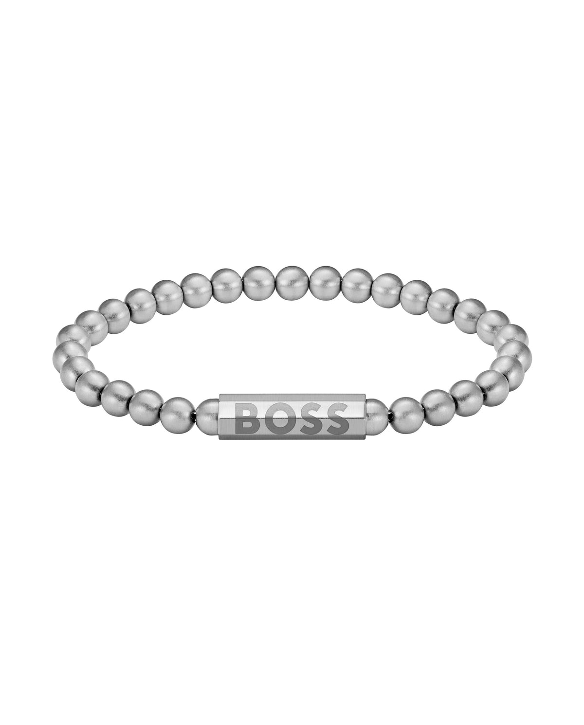 Close-up of a BOSS Sphere bracelet, showcasing the stainless steel bead design and engraved logo.