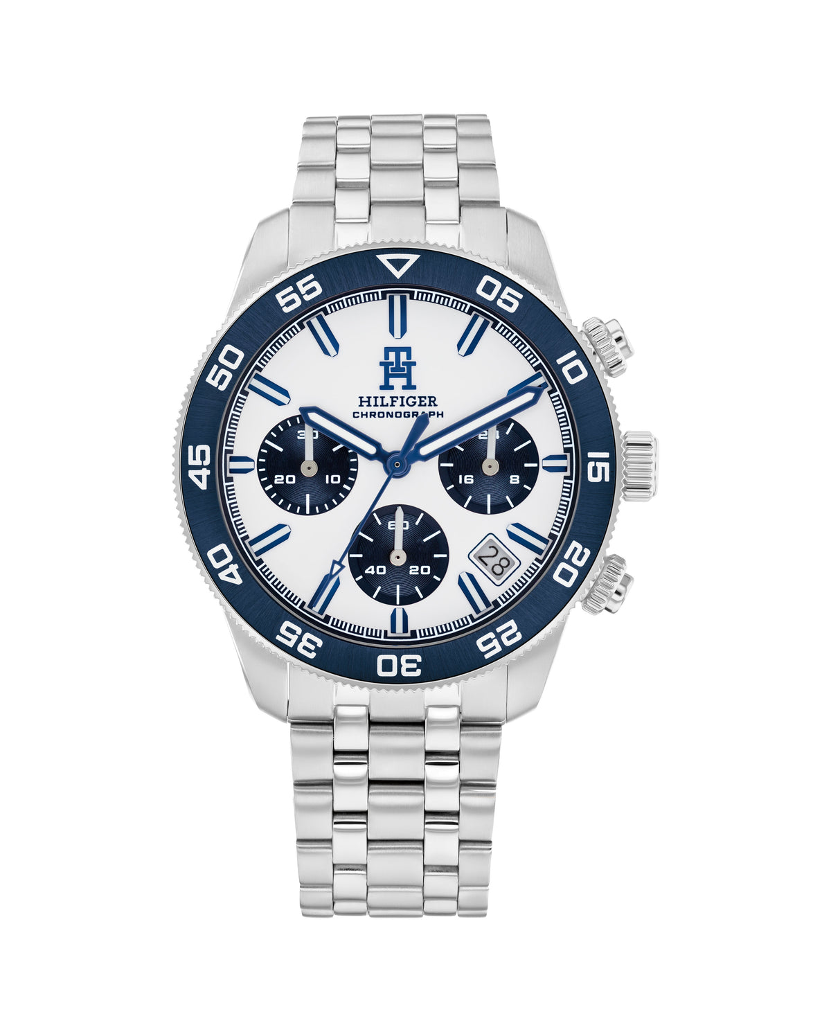 Tommy Hilfiger chronograph watch displaying precise timekeeping & sophisticated design, "HILFIGER CHRONOGRAPH" detail on the