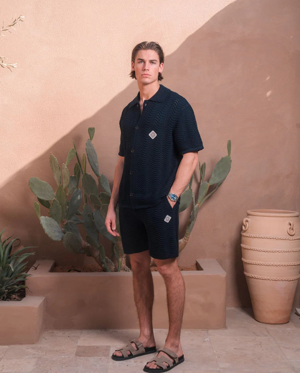 Men's Belier Navy Ocean Crochet Shirt & Short Set