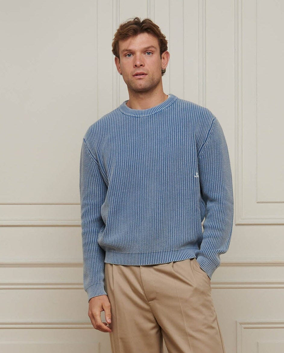 Men's Belier Washed Blue Heavyweight Rib Knit Jumper