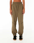 A pair of women's khaki cargo pants with multiple pockets and an elastic waistband, designed for a relaxed fit.
