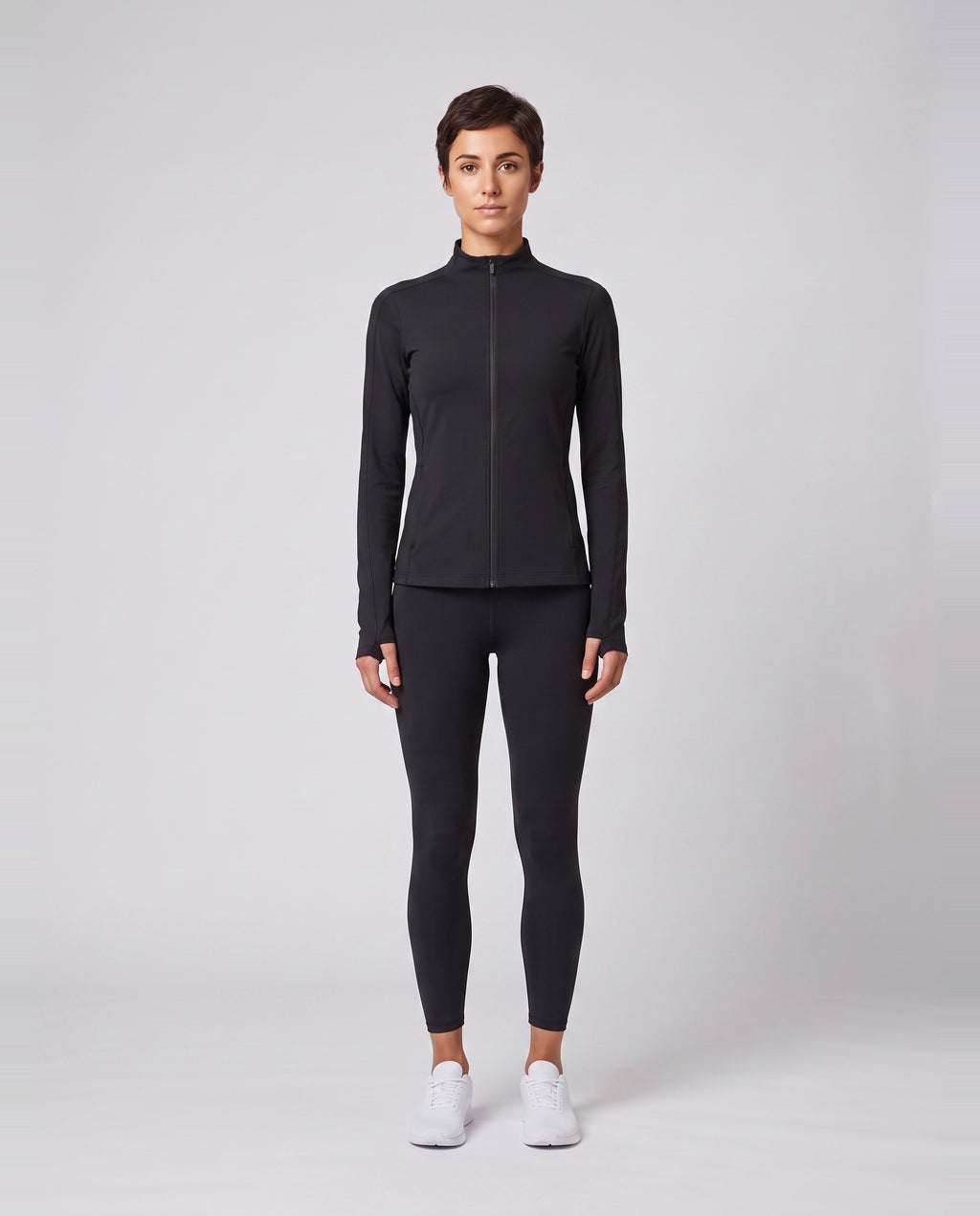 Women's On Running Black Studio Jacket & 7/8 Tights Set worn by model