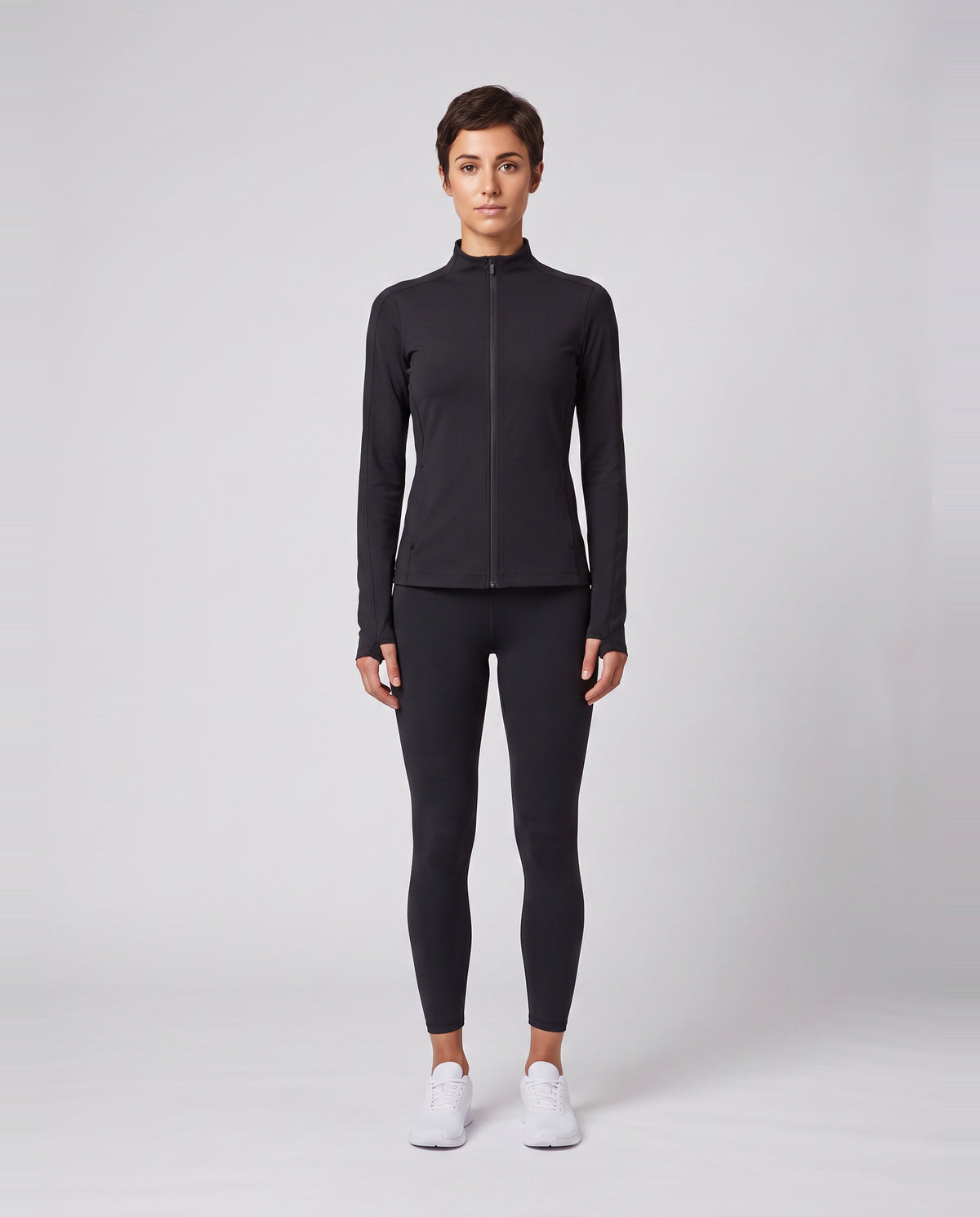 Women's On Running Black Studio Jacket & 7/8 Tights Set worn by model