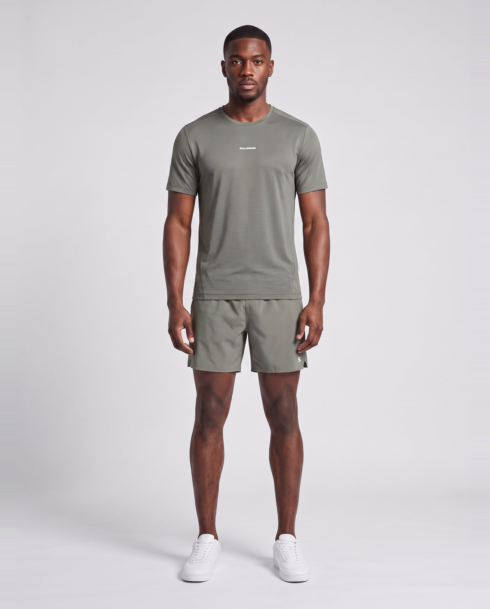Mens Salomon SHKout CORE SS TEE Castor Gray T Shirt &  SHKout C NO L SHTS 7'' Short Set — on model