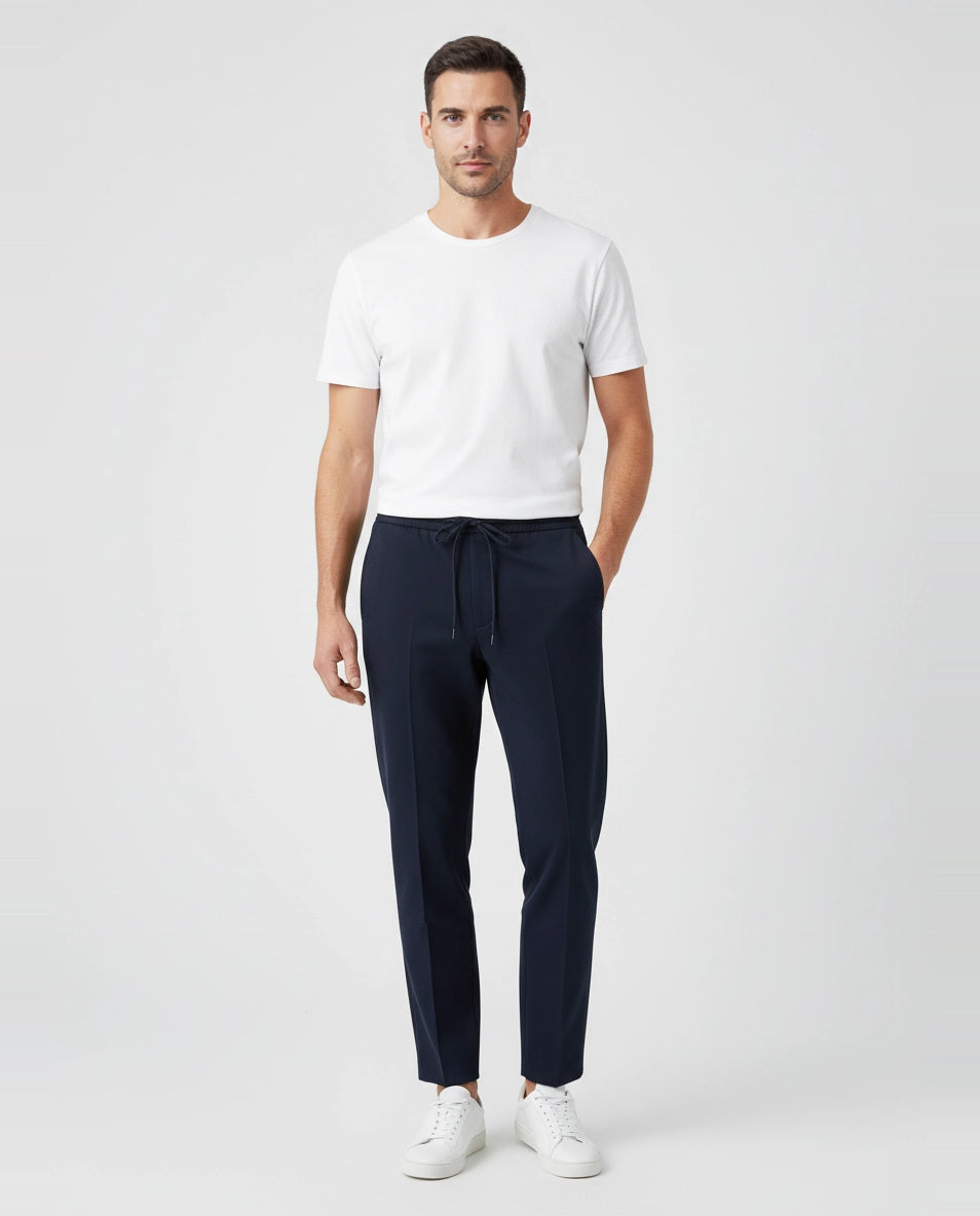 Mens Les Deux Navy Como Tapered Drawstring Pants on model