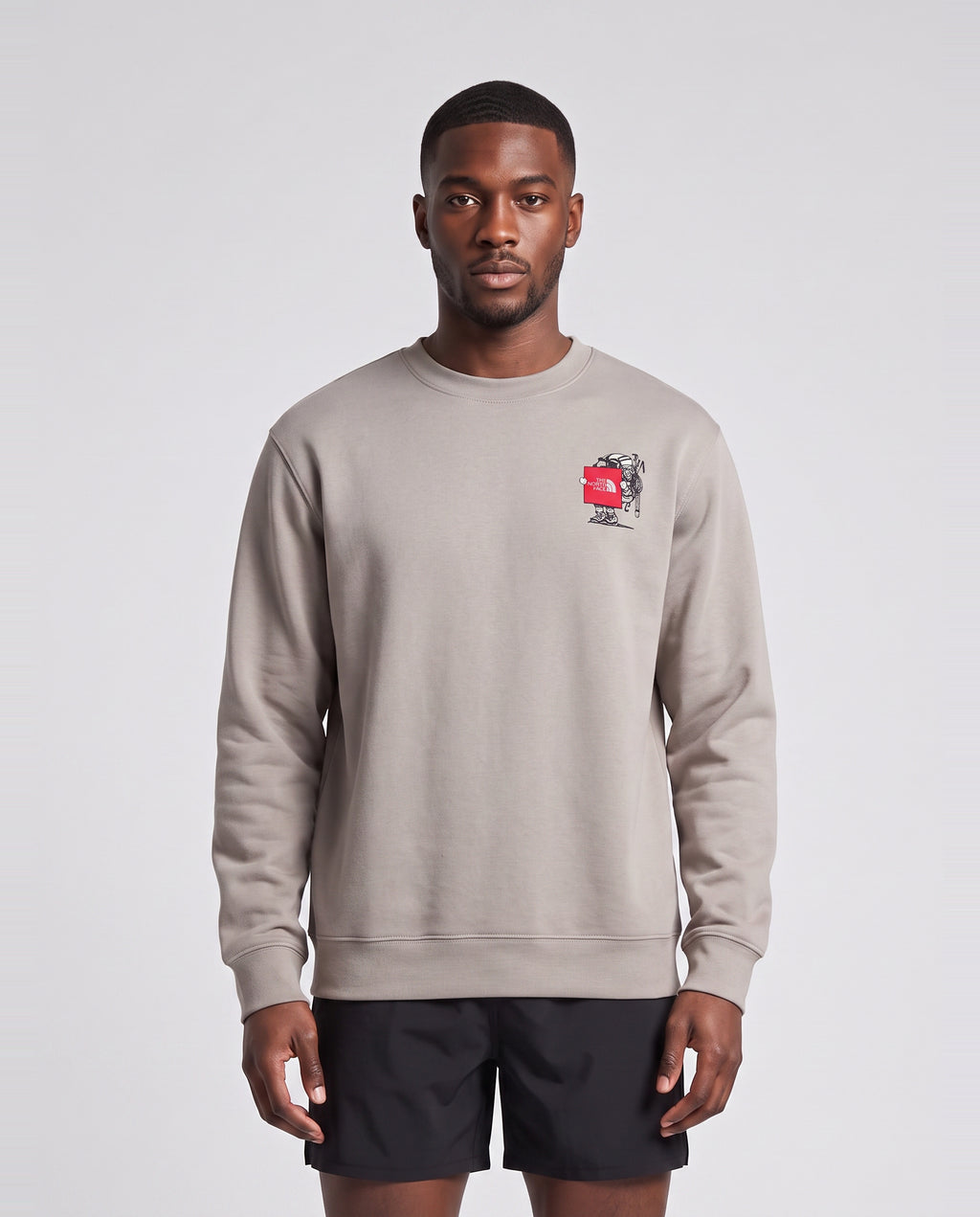 The North Face Gear Up Get Out Relaxed Crew Sweatshirt Stone Slab — on model