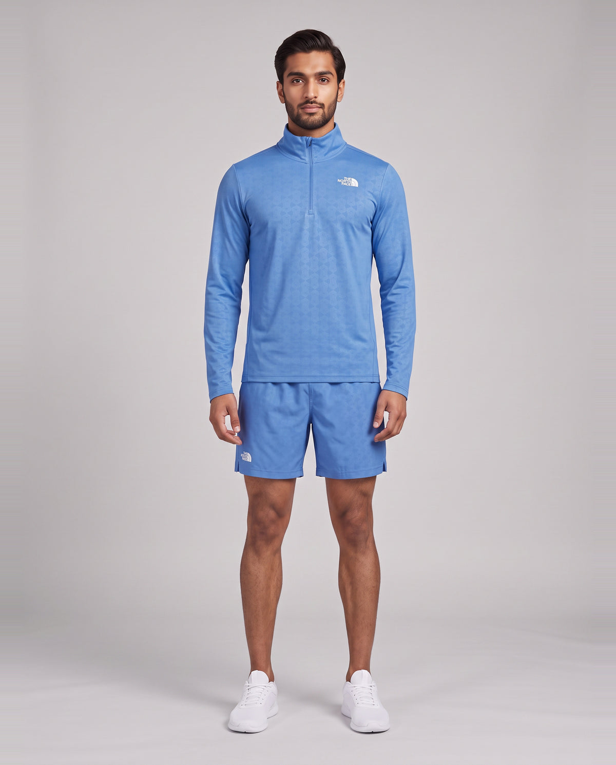 Mens The North Fcae 24/7 PT EMB Marina Blue 1/4 Zip Top & Short Set — on model