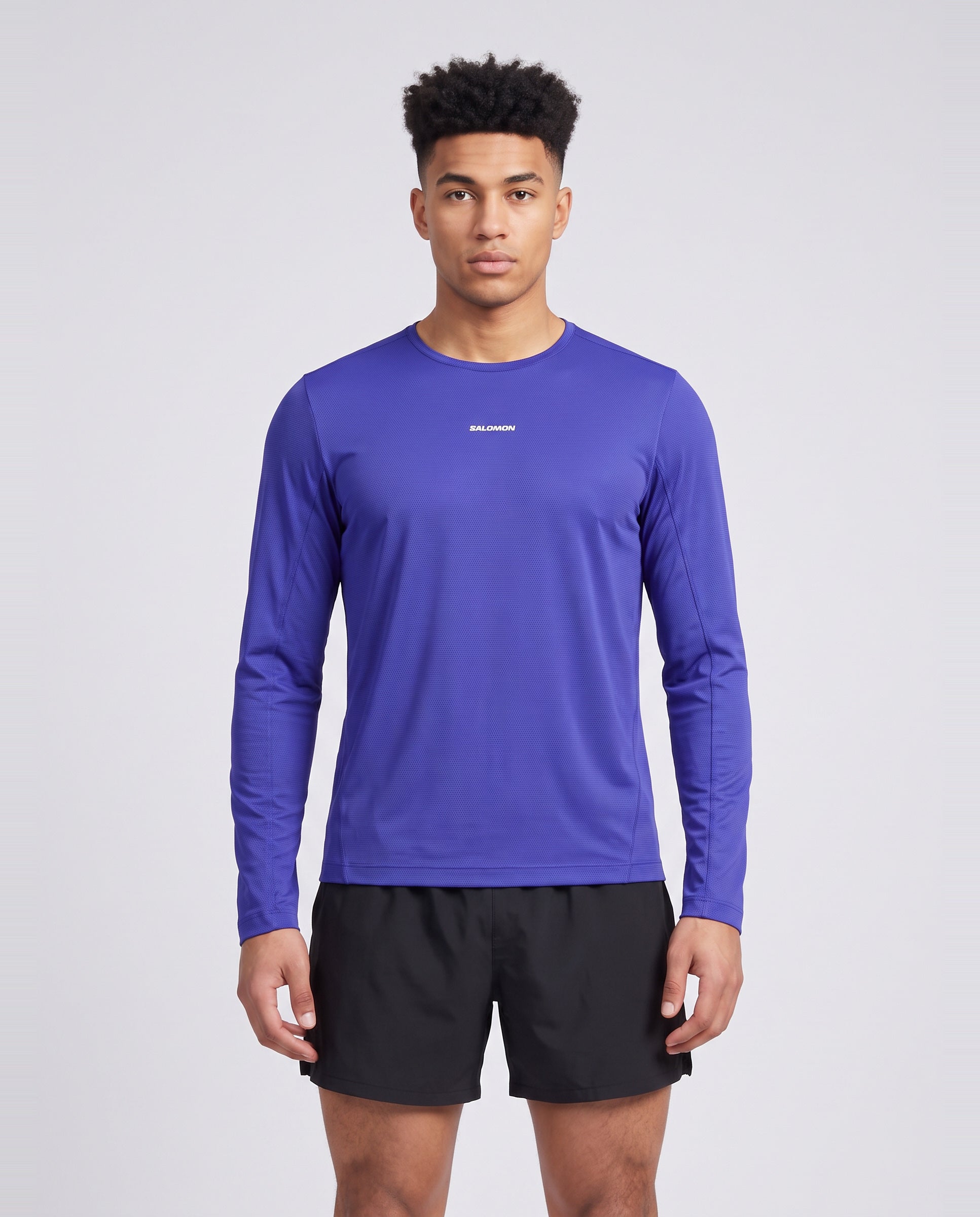 Mens Salomon SHKout CORE LS TEE Clematis Blue T Shirt — on model