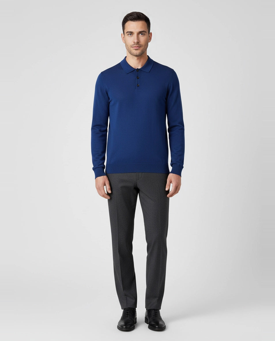 Men's Pal Zileri Blue Long Sleeve Knitted Polo Shirt on model