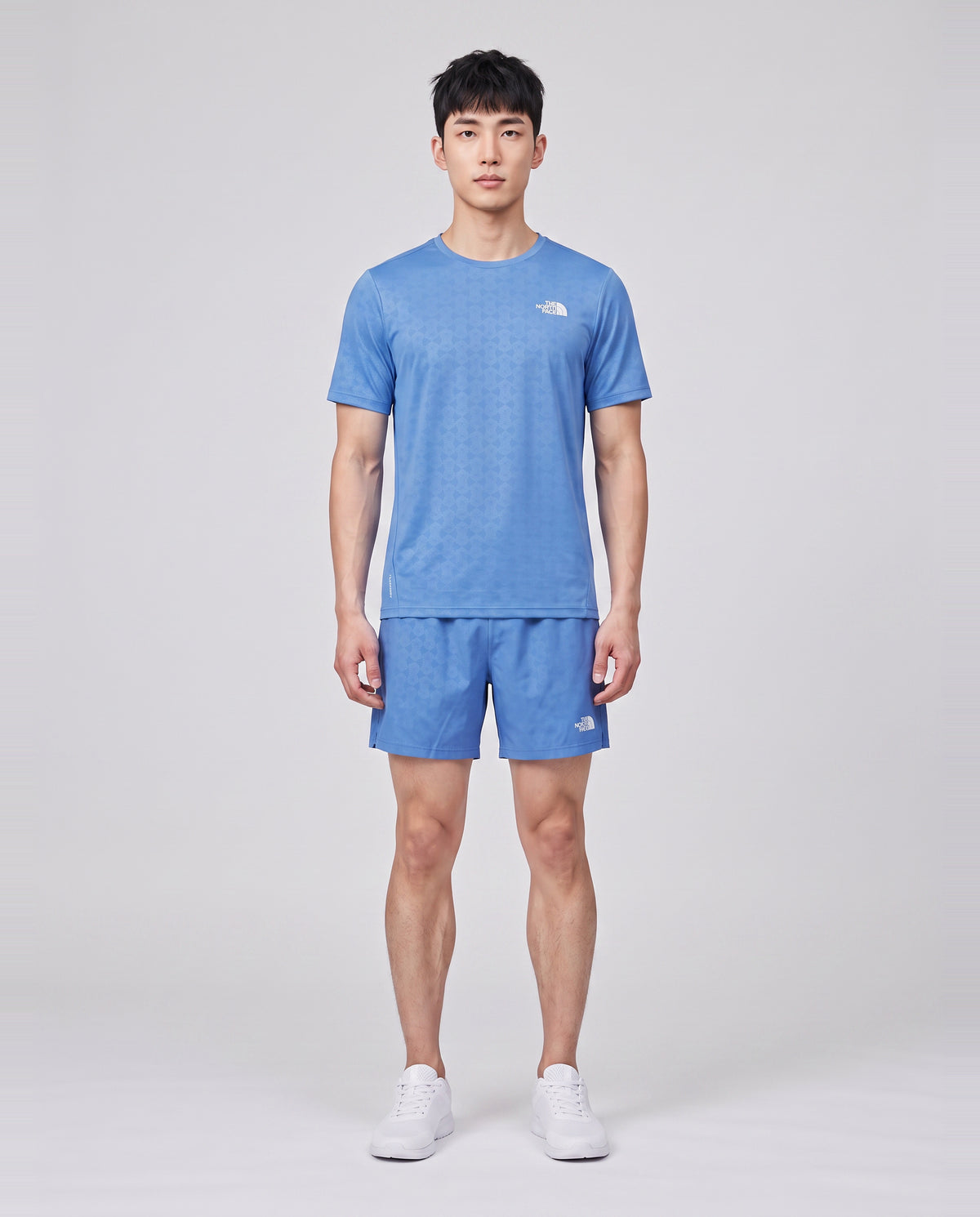 Mens The North Face 24/7 PTD EB RG SS Marina Blue T Shirt & Short Set — on model