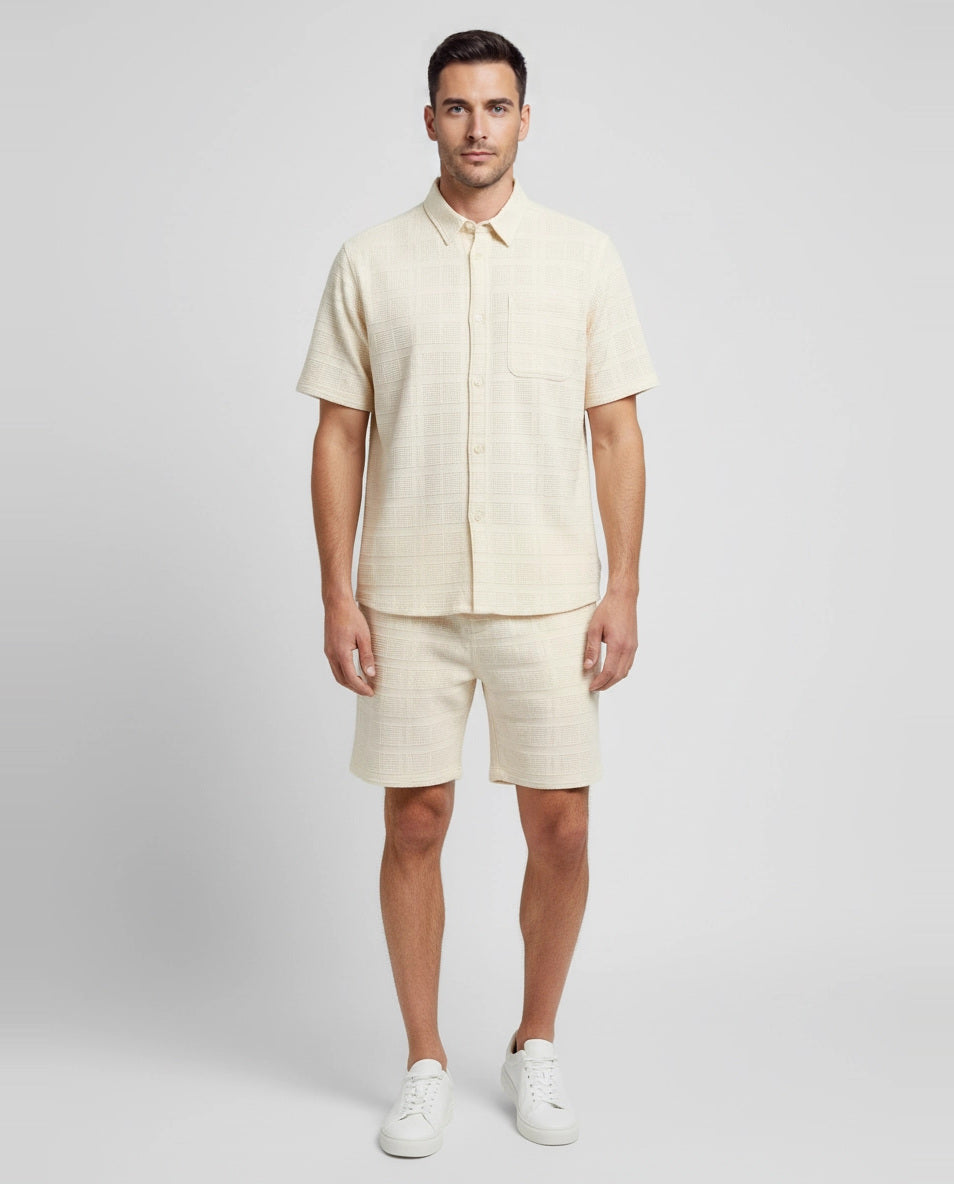Mens Les Deux Ivory Charlie SS Shirt & Short Set front view on model