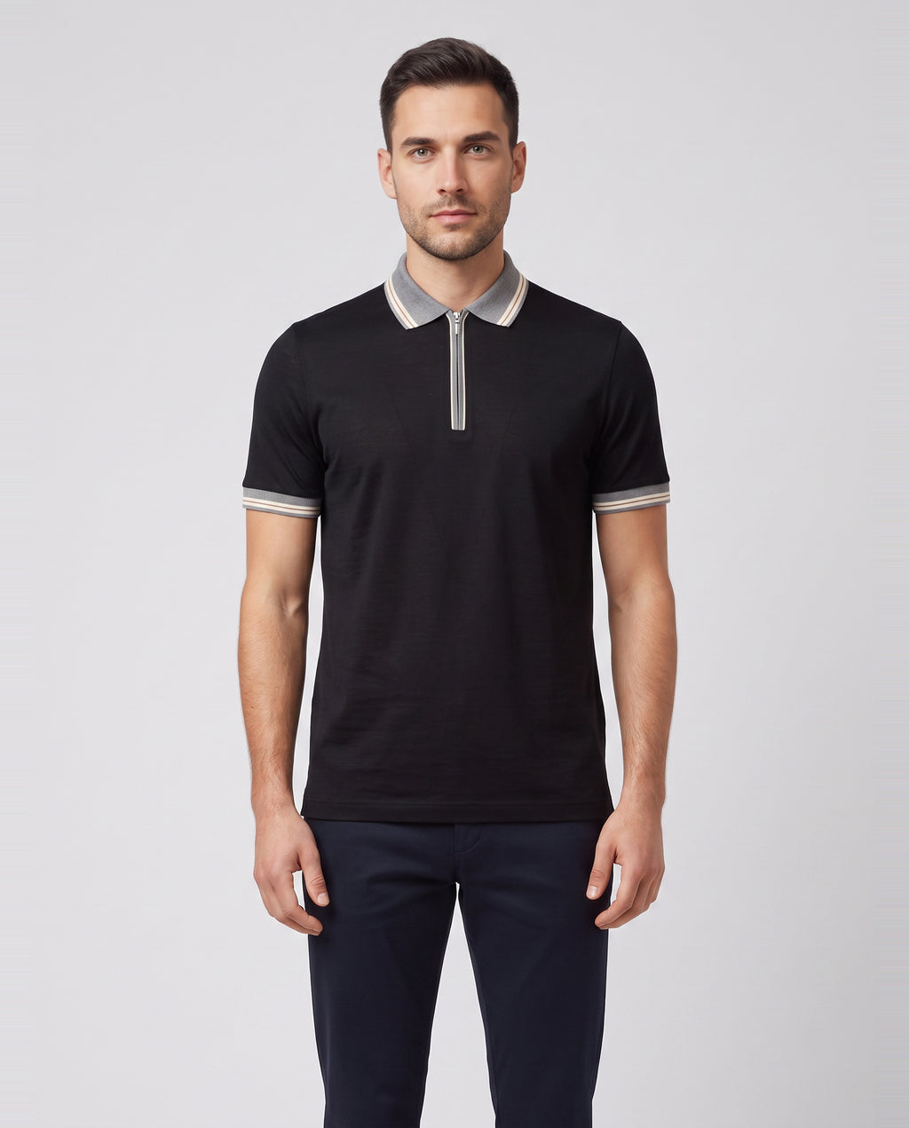 Men's Gran Sasso Black Mercerised Zip Polo Shirt — on model