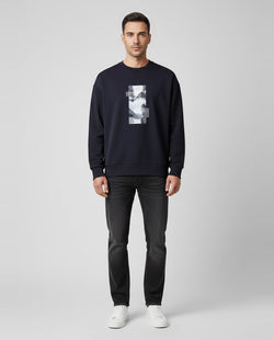 Mens BOSS Green Stenson Zone Dark Blue Sweatshirt on model