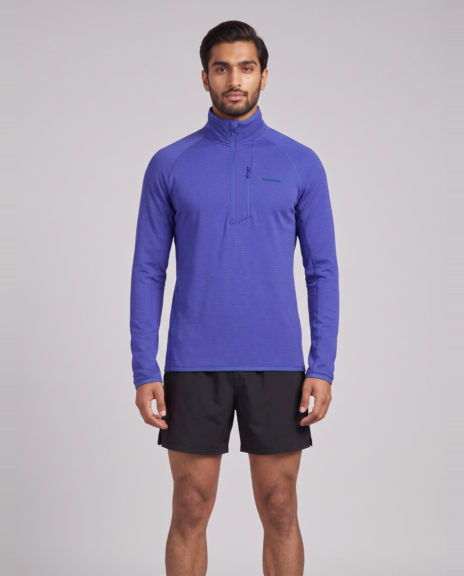 Mens Salomon SNTIAL LIGHTWARM Half Zip Clematis Blue Sweatshirt — on model