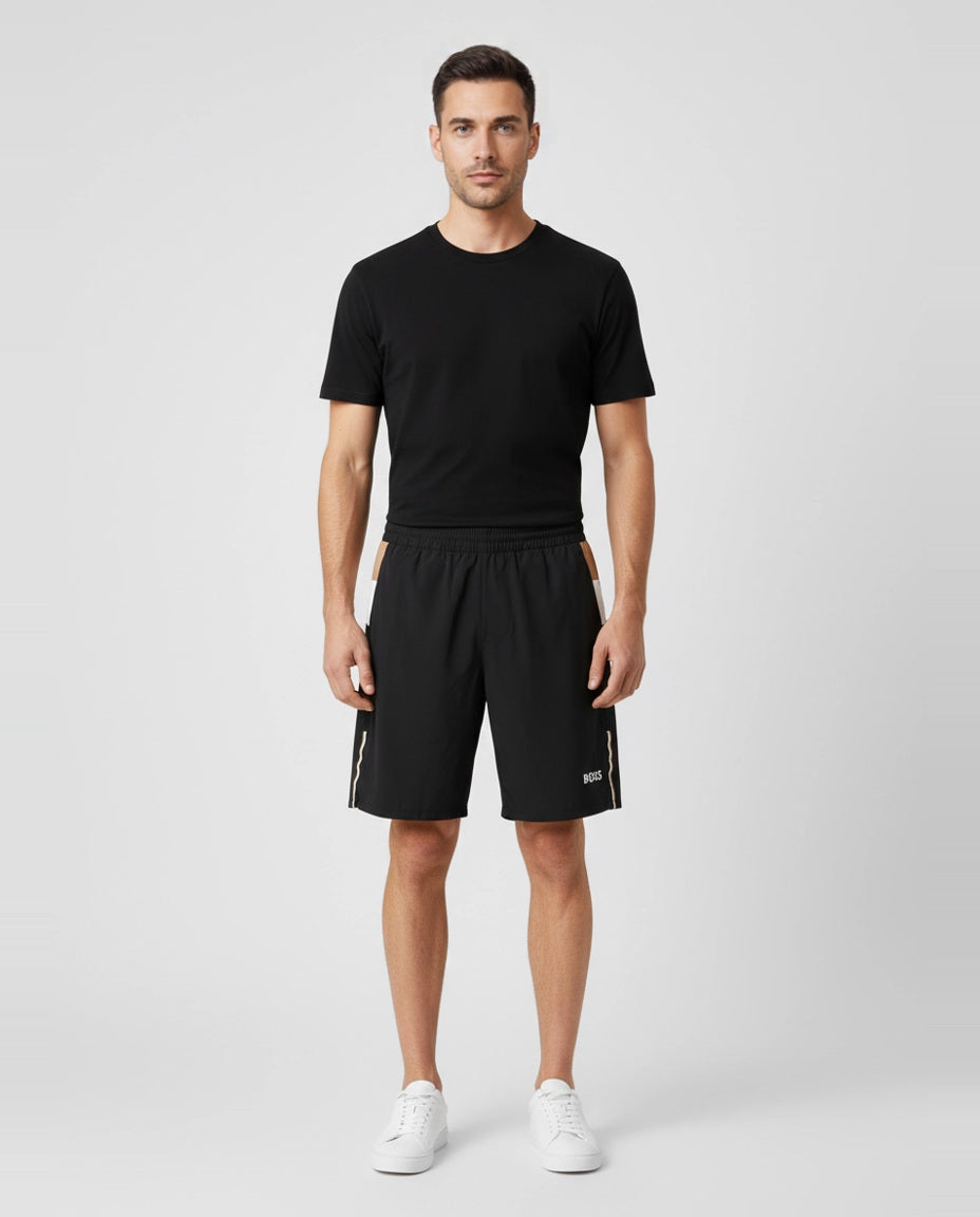 Mens BOSS Green Black S_T-Match 9 inch Shorts on model