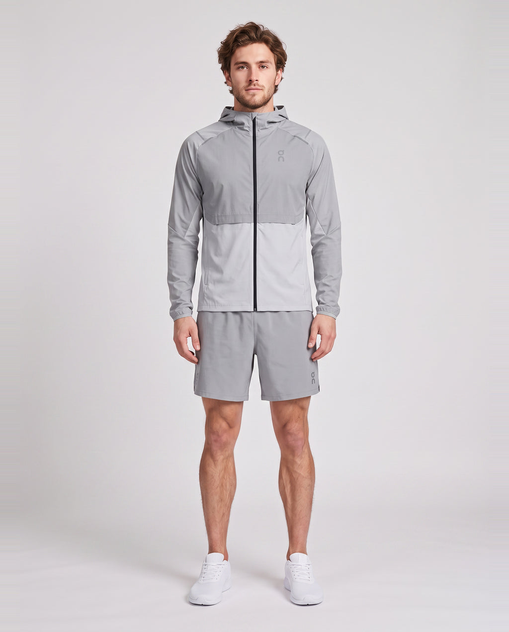 Men's On Running Core Jacket 1 Apollo | Glacier & 7" Core Shorts 1 Apollo Set — on model