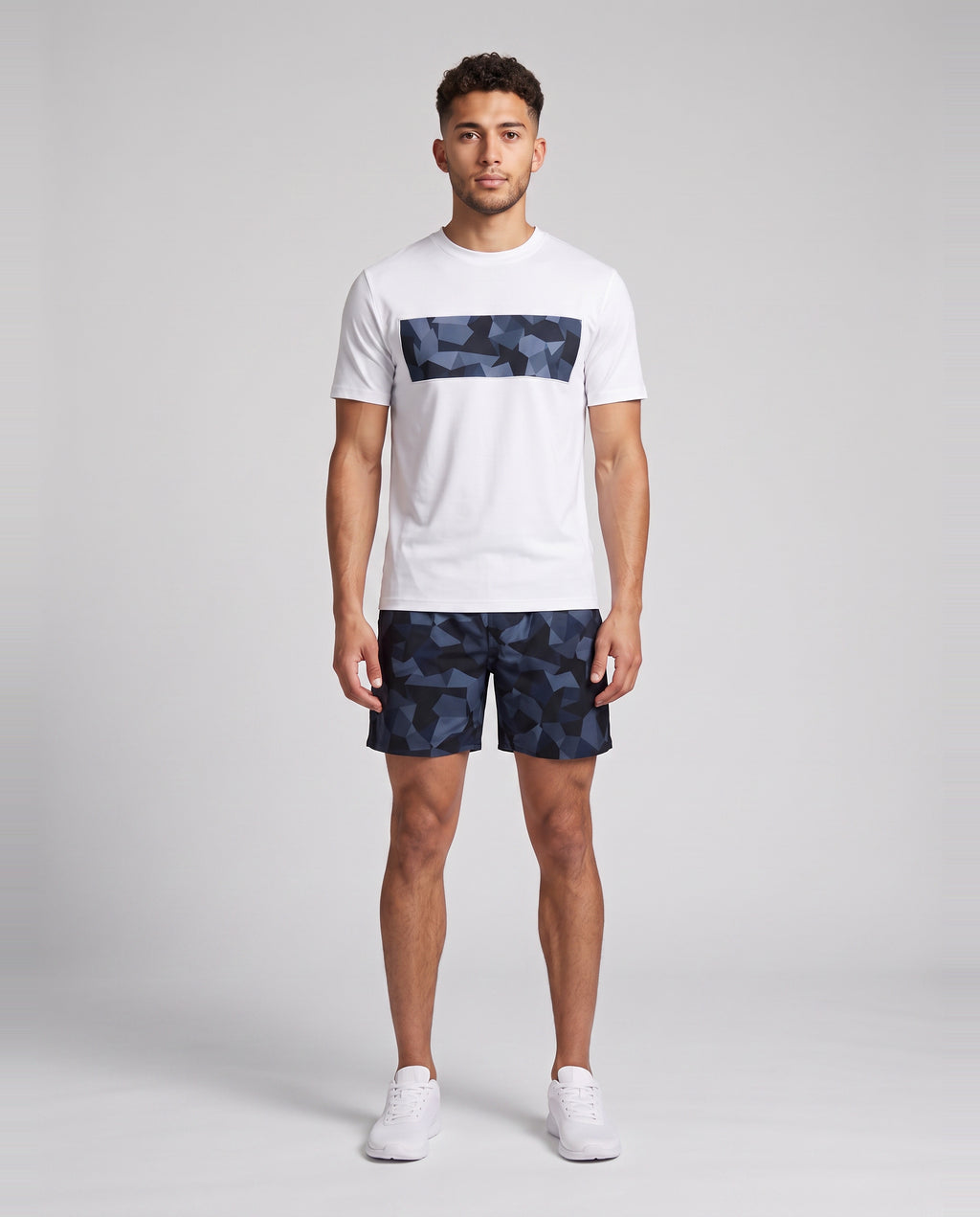 Men's Catini Astratto T-Shirt in White Navy & Astratto Shorts in Navy Set — on model