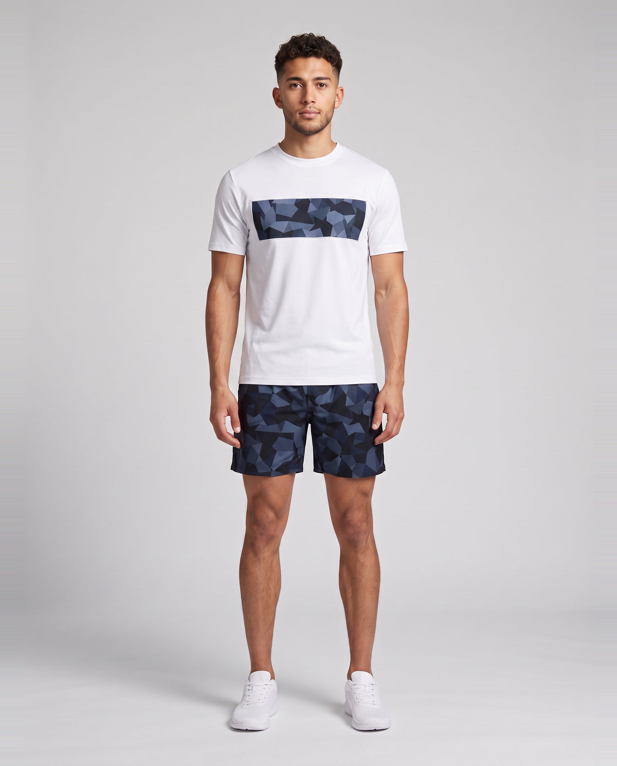 Men's Catini Astratto T-Shirt in White Navy & Astratto Shorts in Navy Set — on model