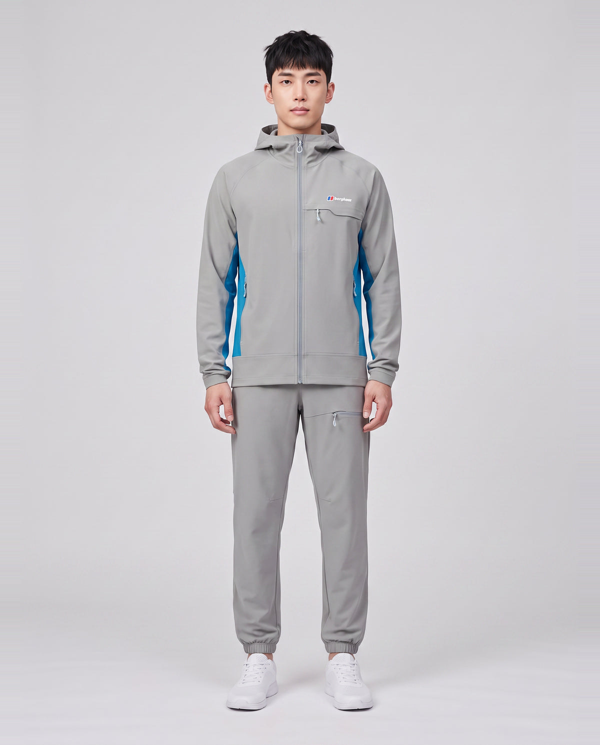 Men's Berghaus Wavertree Hooded Jacket & Wavertree Pant Grey Tracksuit Set — on model