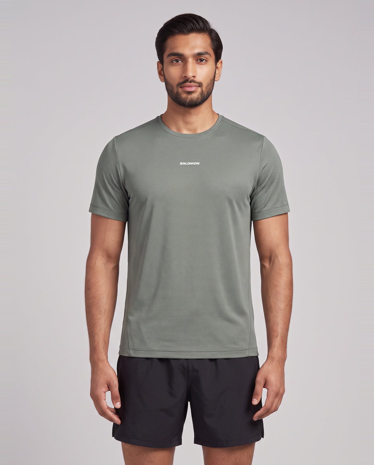 Mens Salomon SHKout CORE SS TEE Castor Gray T Shirt — on model