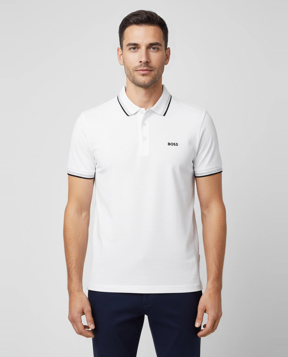 Mens BOSS Green Paddy White Polo Shirt on model