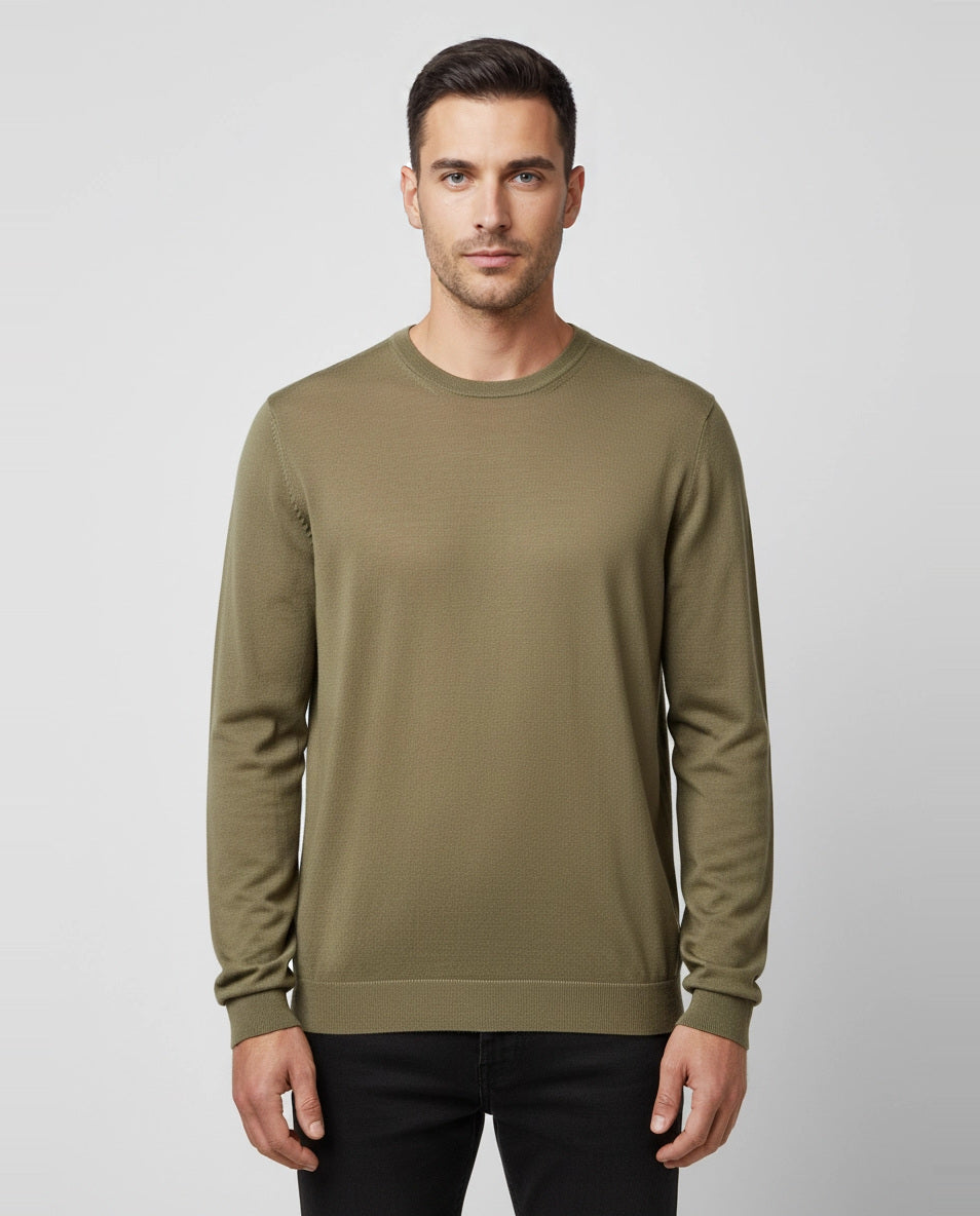 Men's BOSS Black Leno-P Dark Brown Crew Neck Knitwear on model