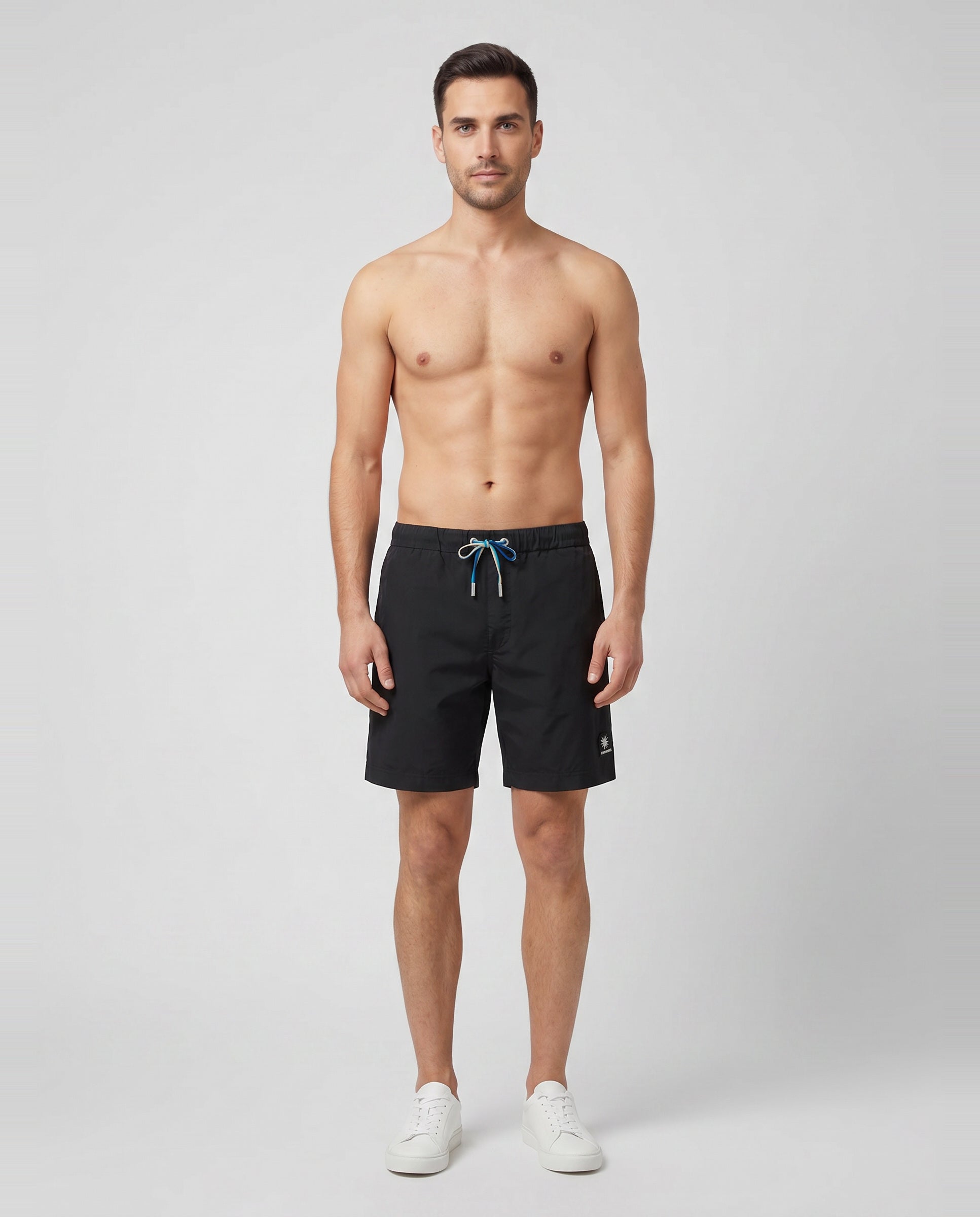 Men's Sandbanks Black Relaxed Cotton Drawstring Short — on model