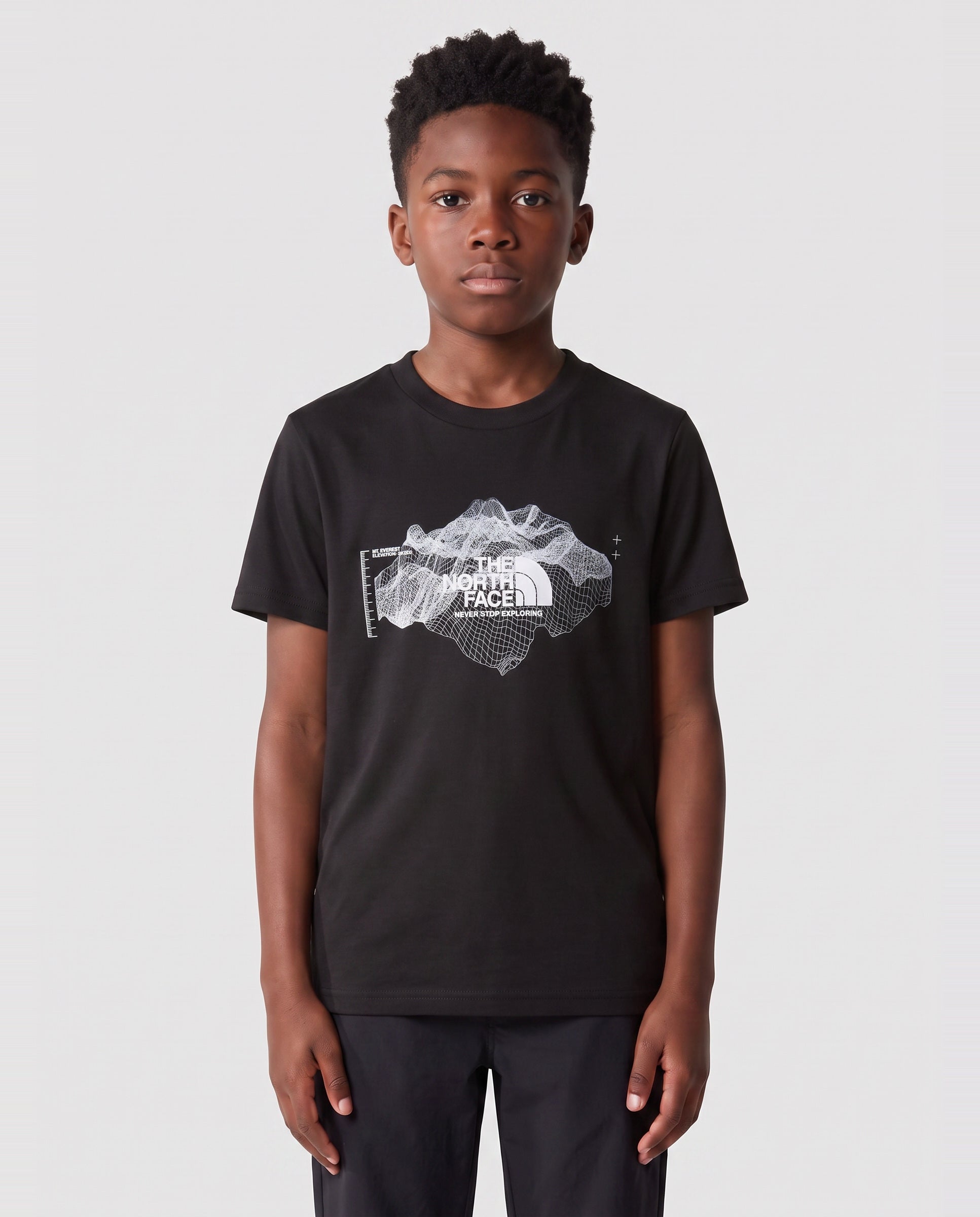 Boy’s The North Face Black Topographic T Shirt — on model