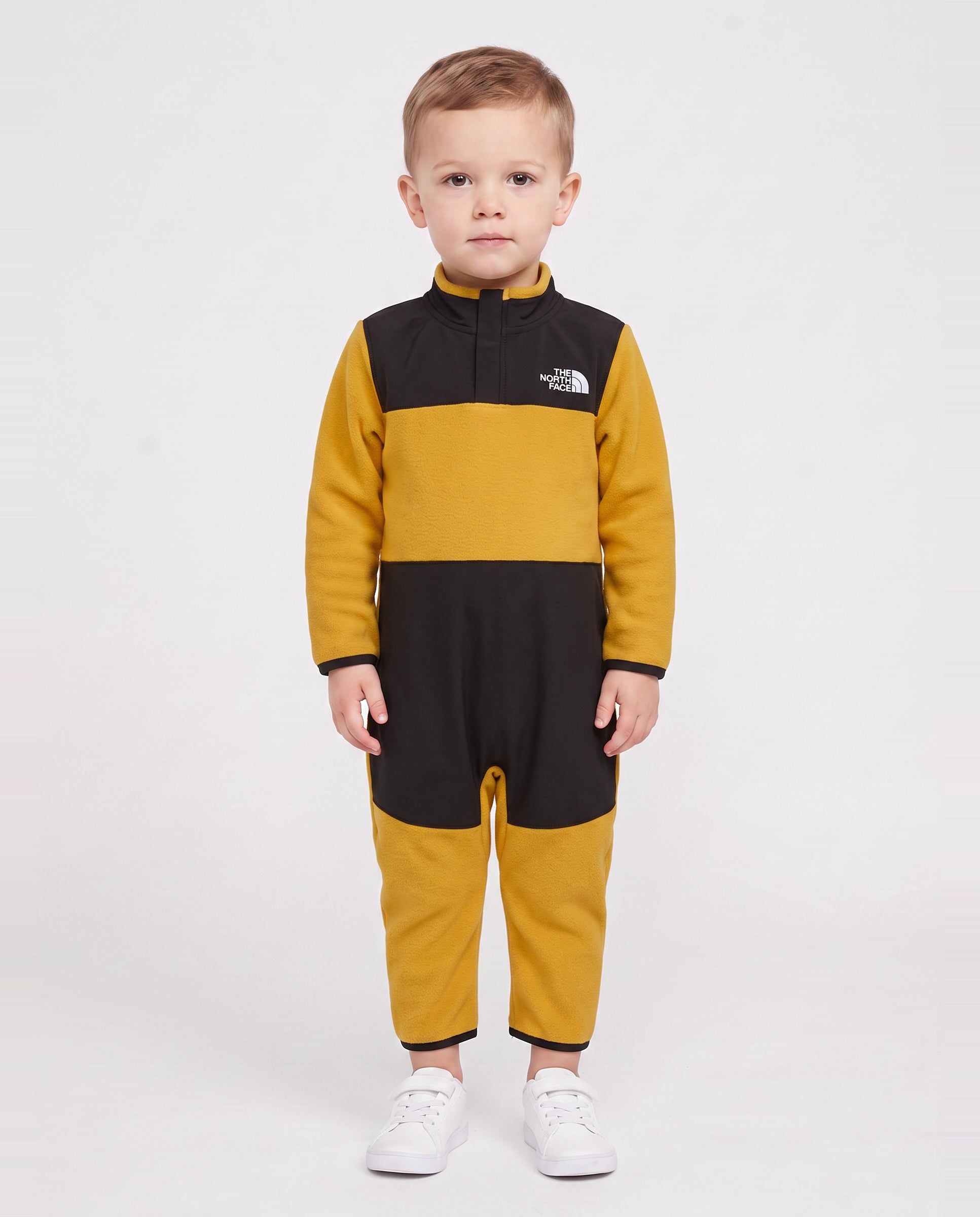 Baby The North Face Yellow Denali One Piece Set — on model