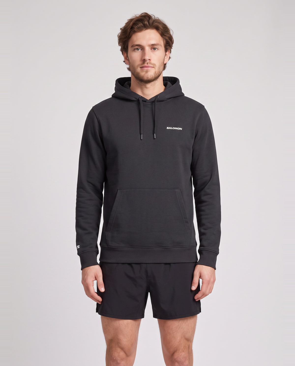 Mens Salomon CHEST LOGO HOODIE Deep Black Hoodie — on model