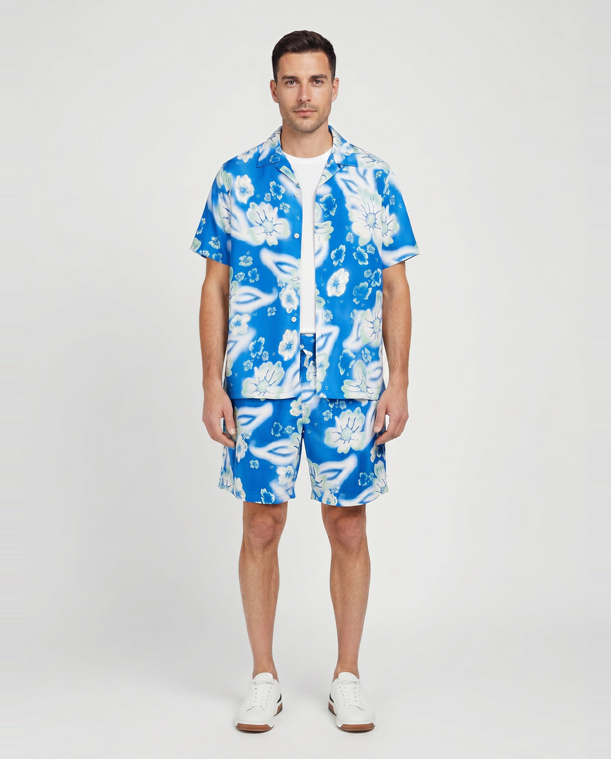 Mens Paul Smith Cobalt Blue Casual Shirt And Riso Floral Swim Short — on model
