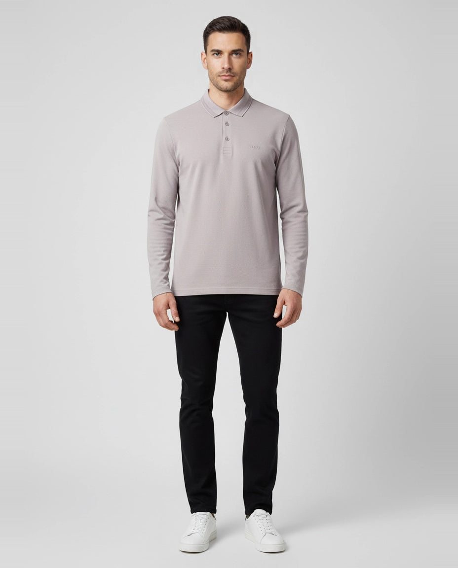 BOSS Green Plisy Open Grey Polo Shirt on model