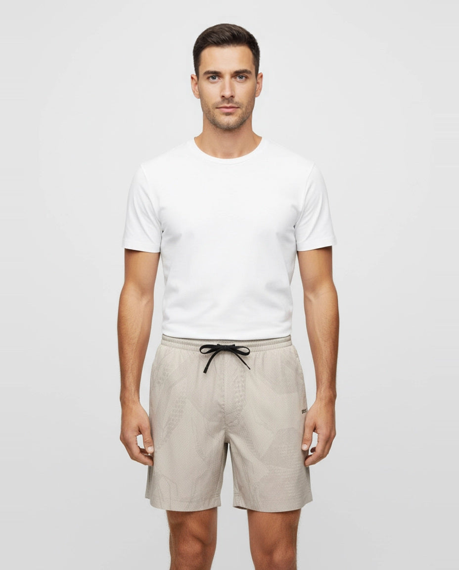 Mens BOSS Green S_Negev Open Beige Relaxed Fit Shorts on model