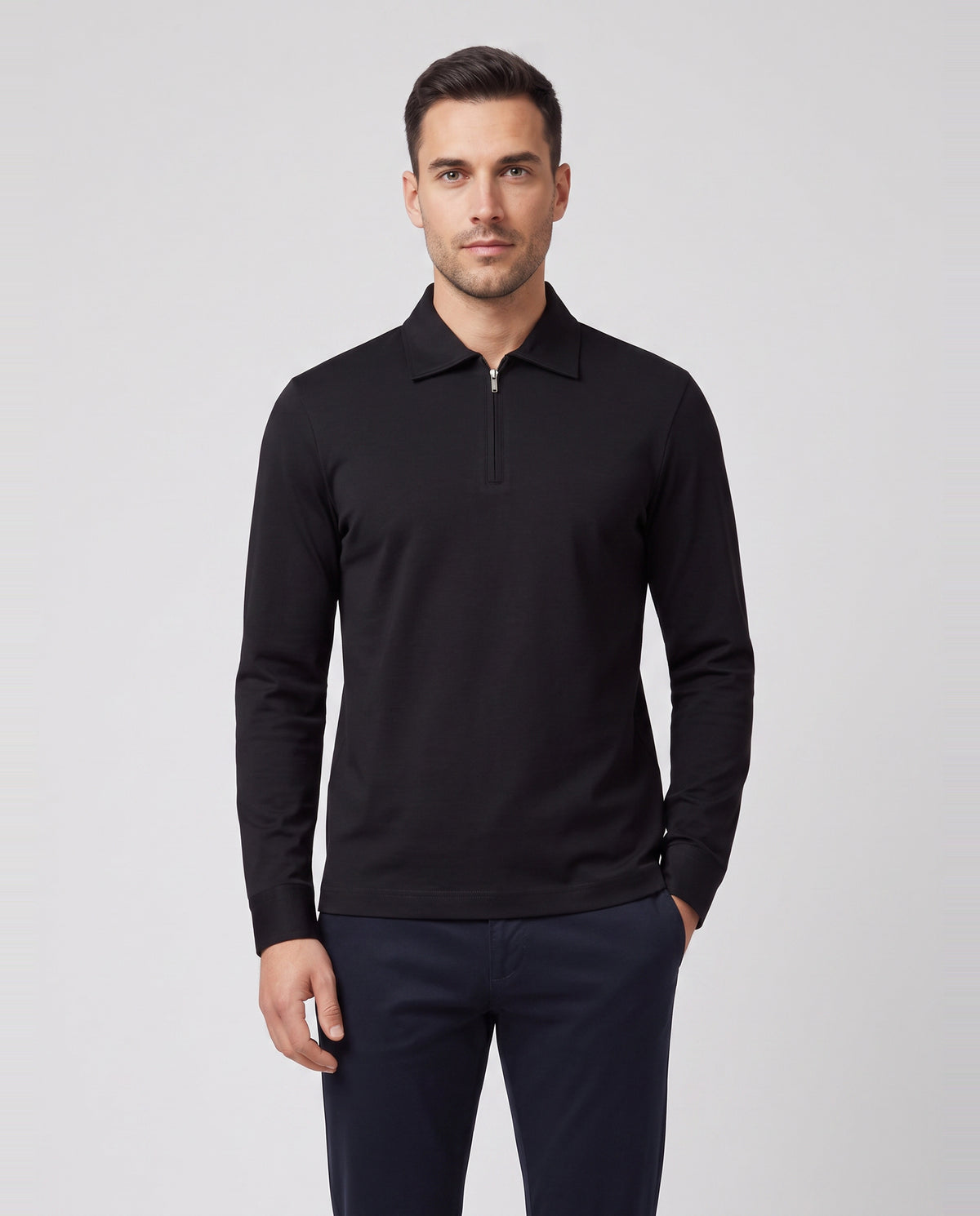 Men's Gran Sasso Black Long Sleeve Zip Polo — on model