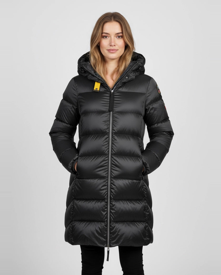 Womens Parajumpers Pencil Black Long Marion Puffer Jacket on model