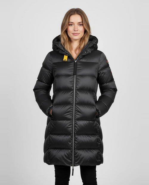 Womens Parajumpers Pencil Black Long Marion Puffer Jacket on model