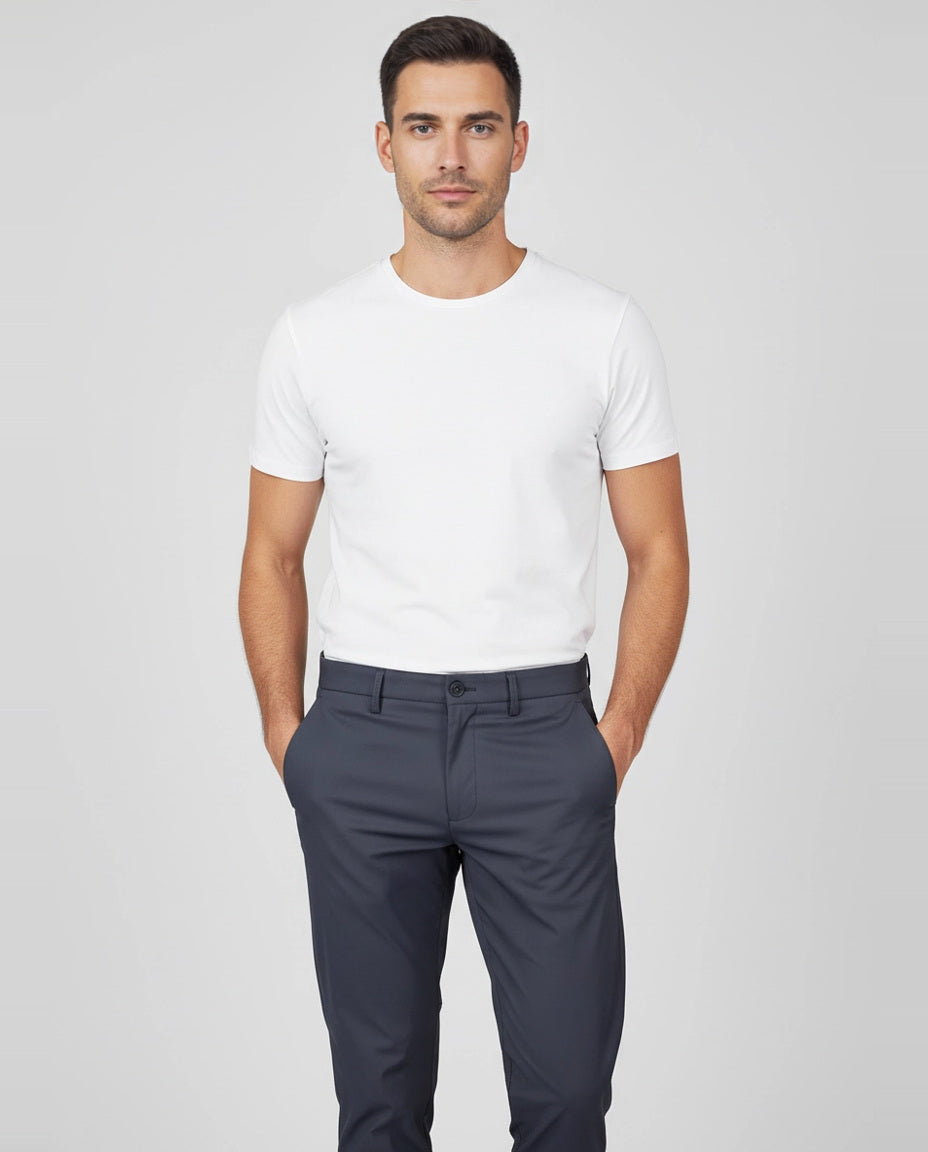 Men's BOSS Green T Phoenix Regular Fit Dark Blue Trousers on model