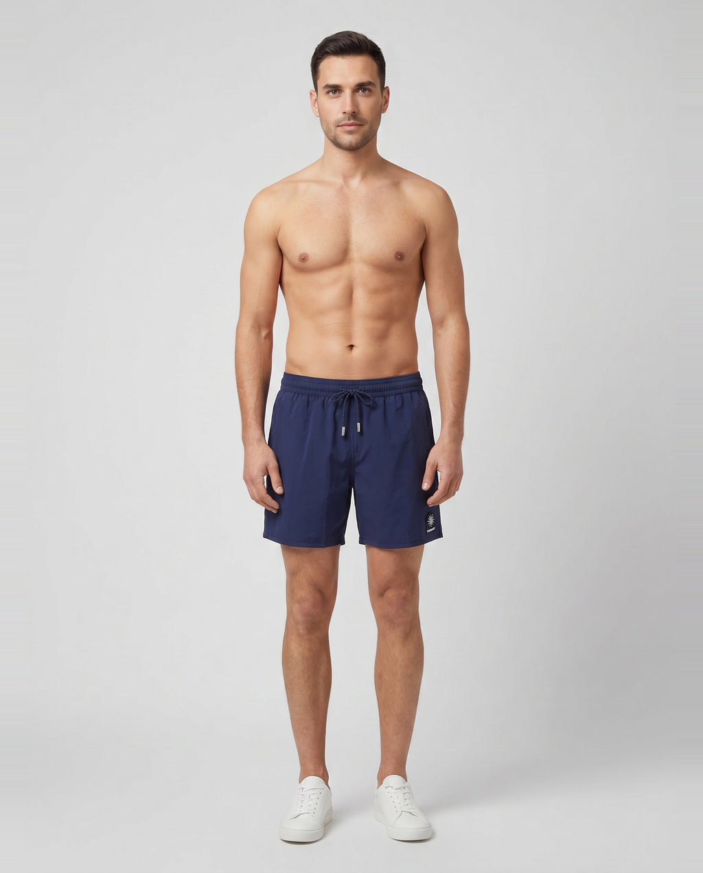 Men's Sandbanks Navy Badge Logo Recycled Swim Short — on model