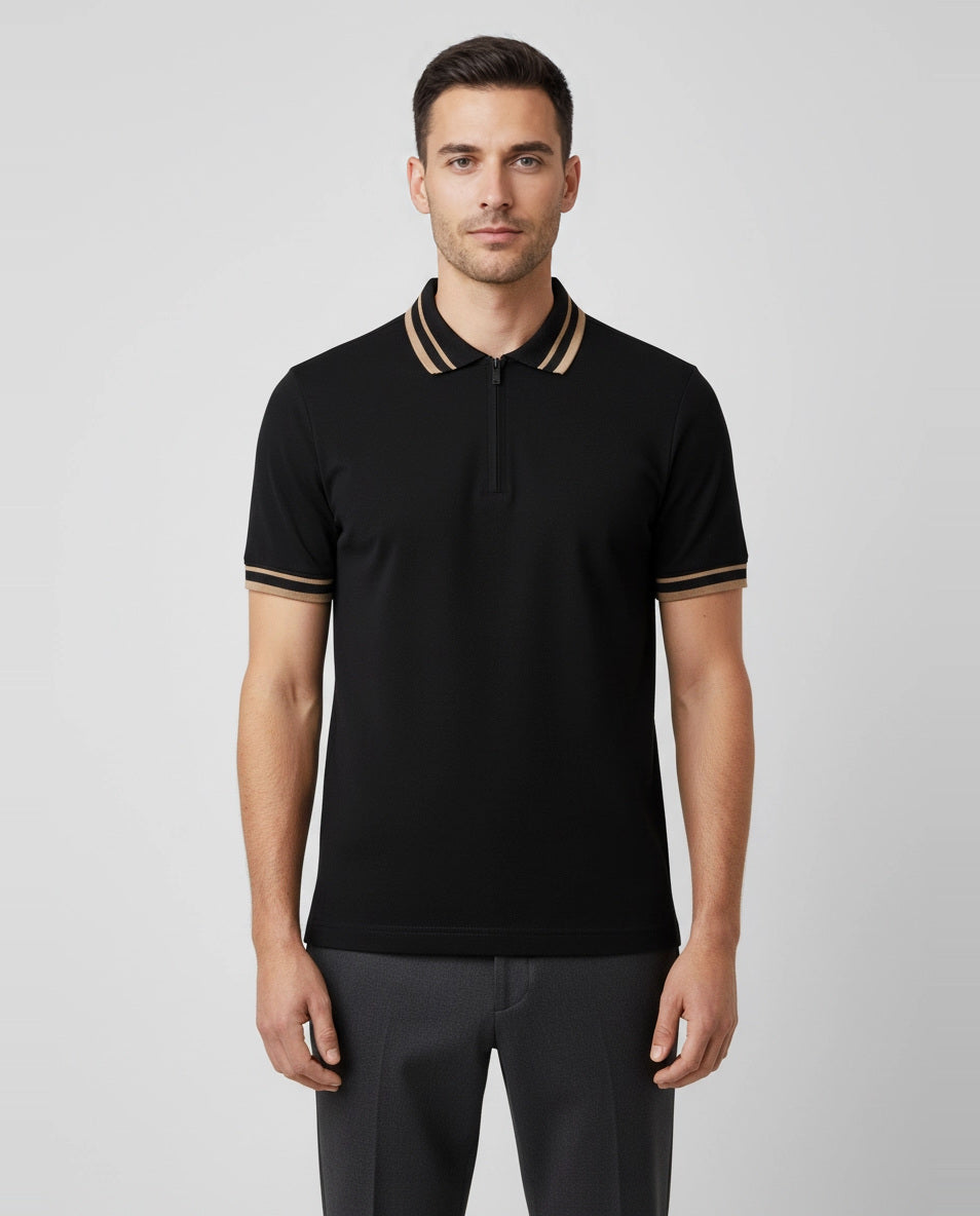 Men's Pal Zileri Black Mercerised Zip Polo on model